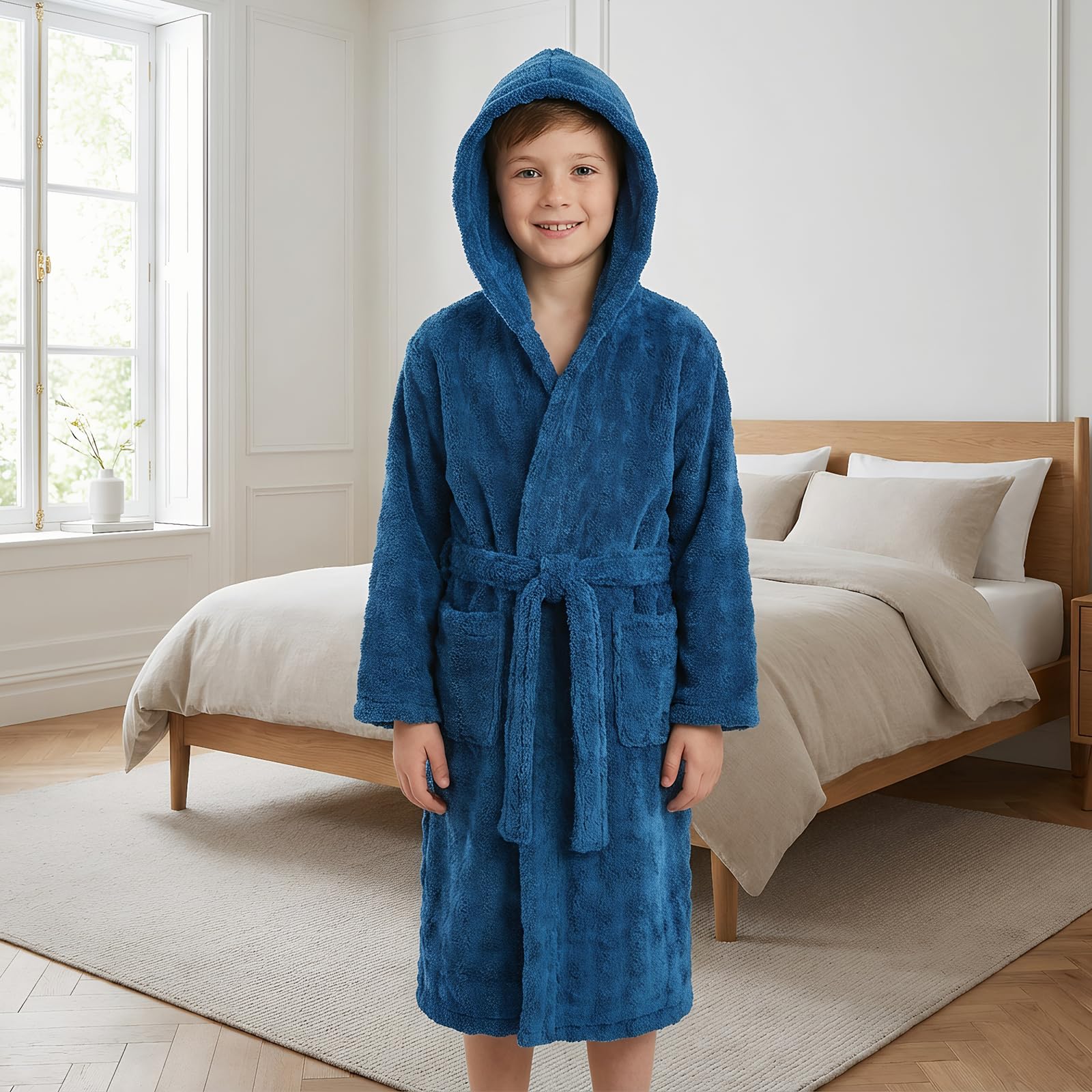 WYTbaby Albornoz unisex de forro polar suave con capucha para niños de 4 a 14 años