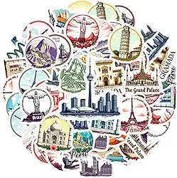 Pacote de adesivos culturais com 35 peças de marcos de viagem e turismo, arquitetura artística, decalques para notebook, bagagem, copo de celular, faça você mesmo, telefone, guitarra, laptop, notebook