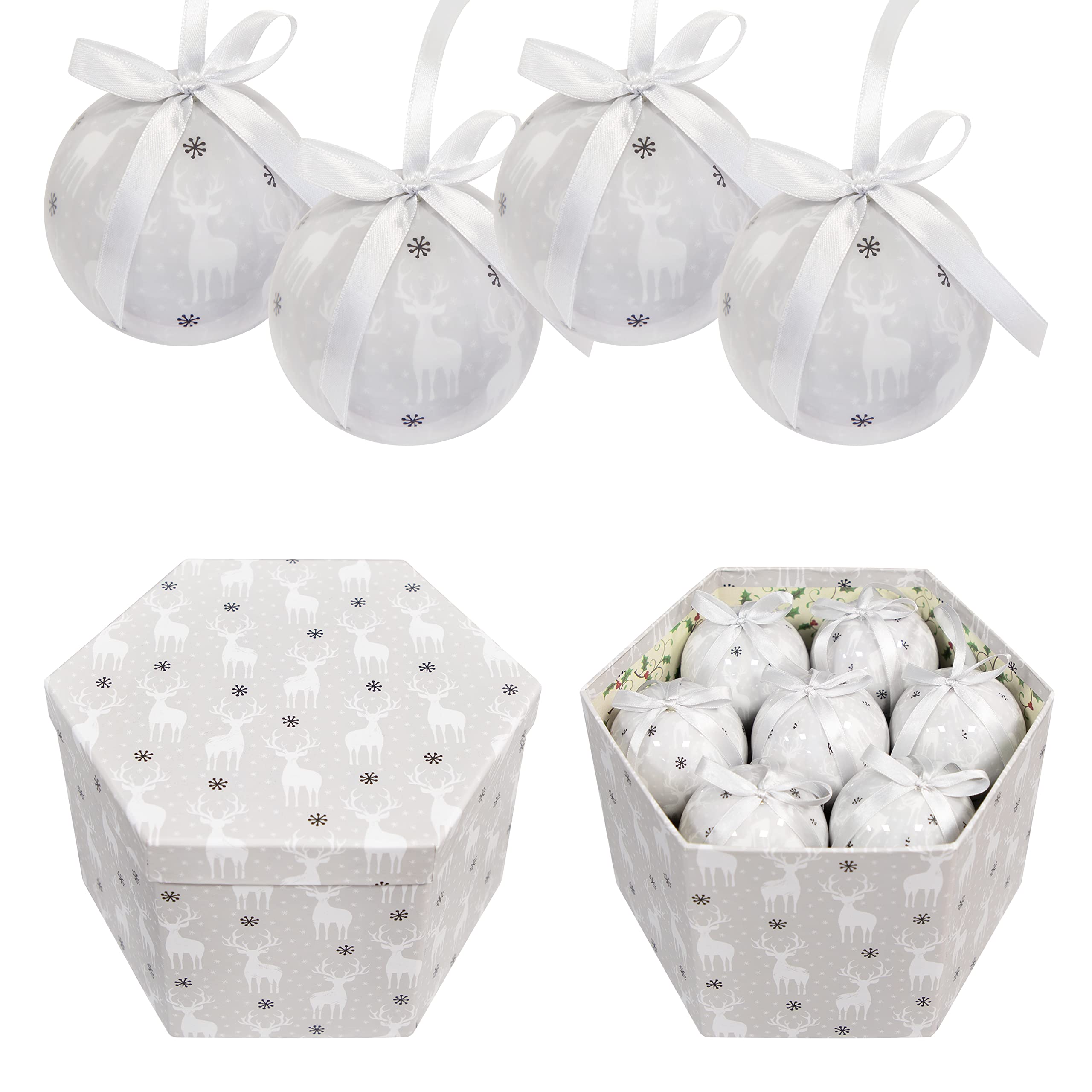 The Christmas Workshop Set of 14 Christmas Baubles/Various Festive Designs/Gift Boxed Christmas Tree Decorations / 7.5cm Diameter Baubles (White & Silver Reindeer)
