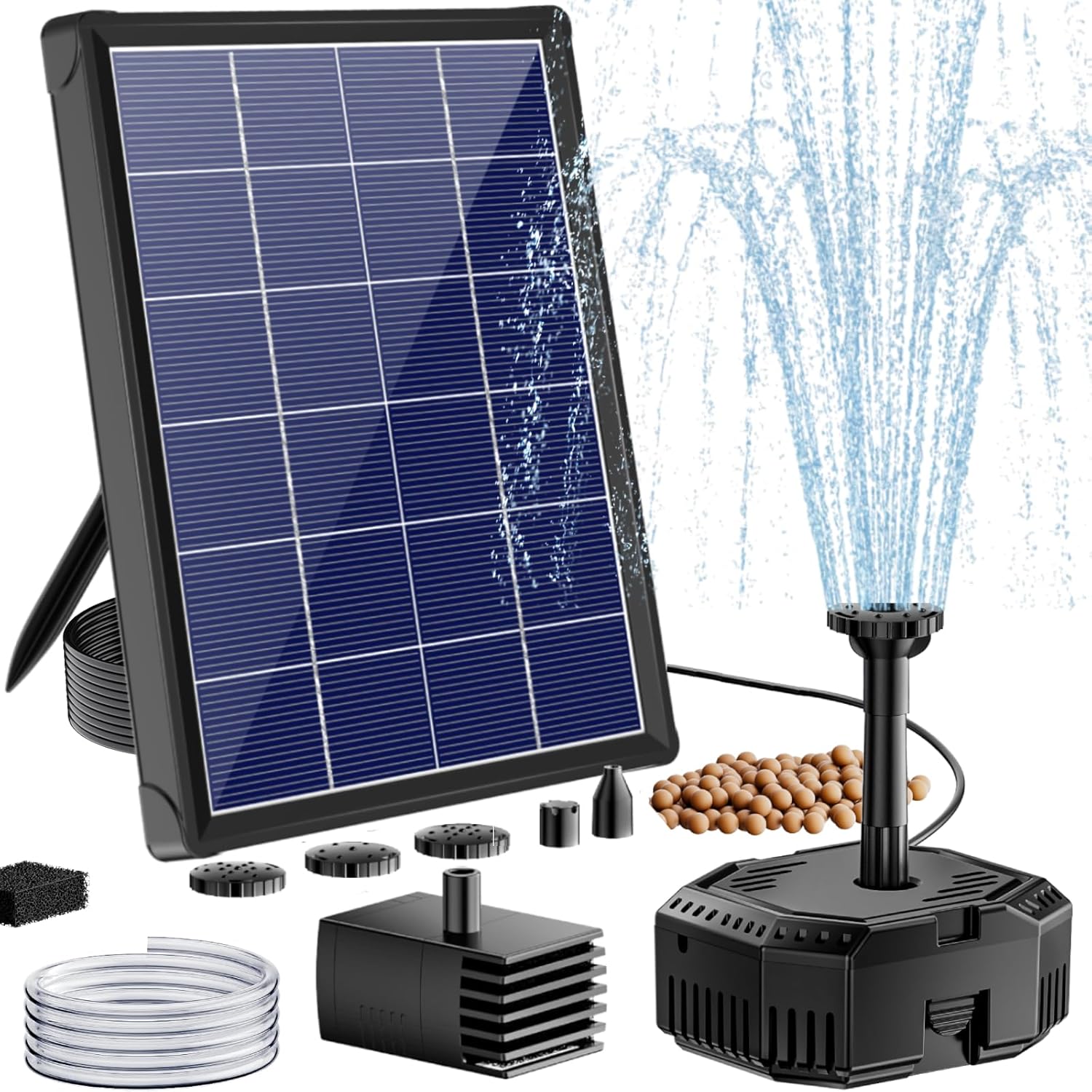 Antfraer Solar Pond Filter with Fountain Pump, 4W Solar Fountain Pump with Pond Filter, Solar Powered Water Pump Kit with 5 Nozzles & PVC Tubing for Bird Bath, Garden, Outdoor Fish Tank
