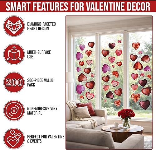 Miniatura 2 de Iconikal Adhesivos decorativos para ventana con forma de corazón con diamantes para el día de San Valentín, 200 unidades para el hogar, oficina,