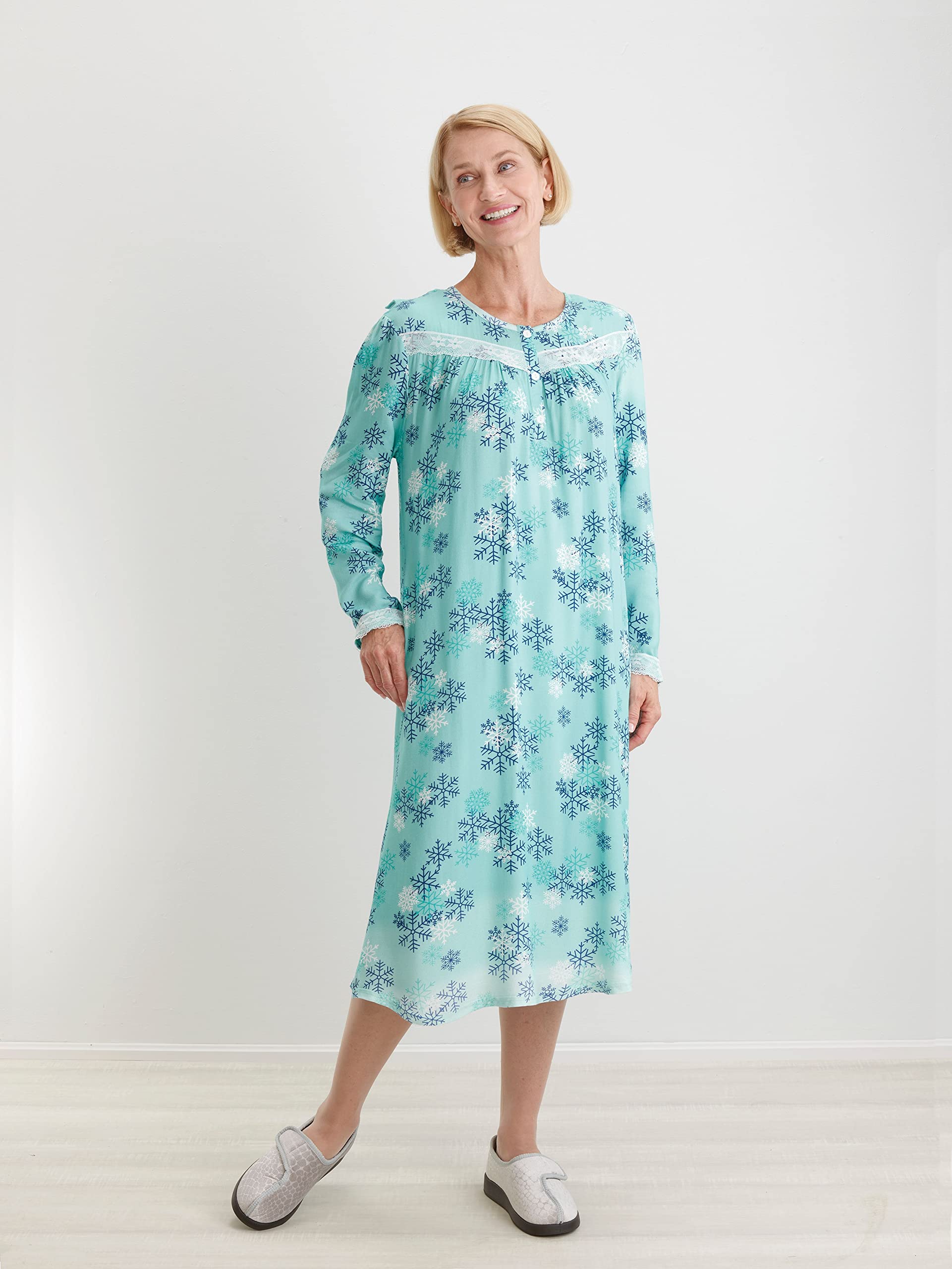 Women’s Open Back Adaptive Lace Trim Nightgown Long Sleeve Flannel