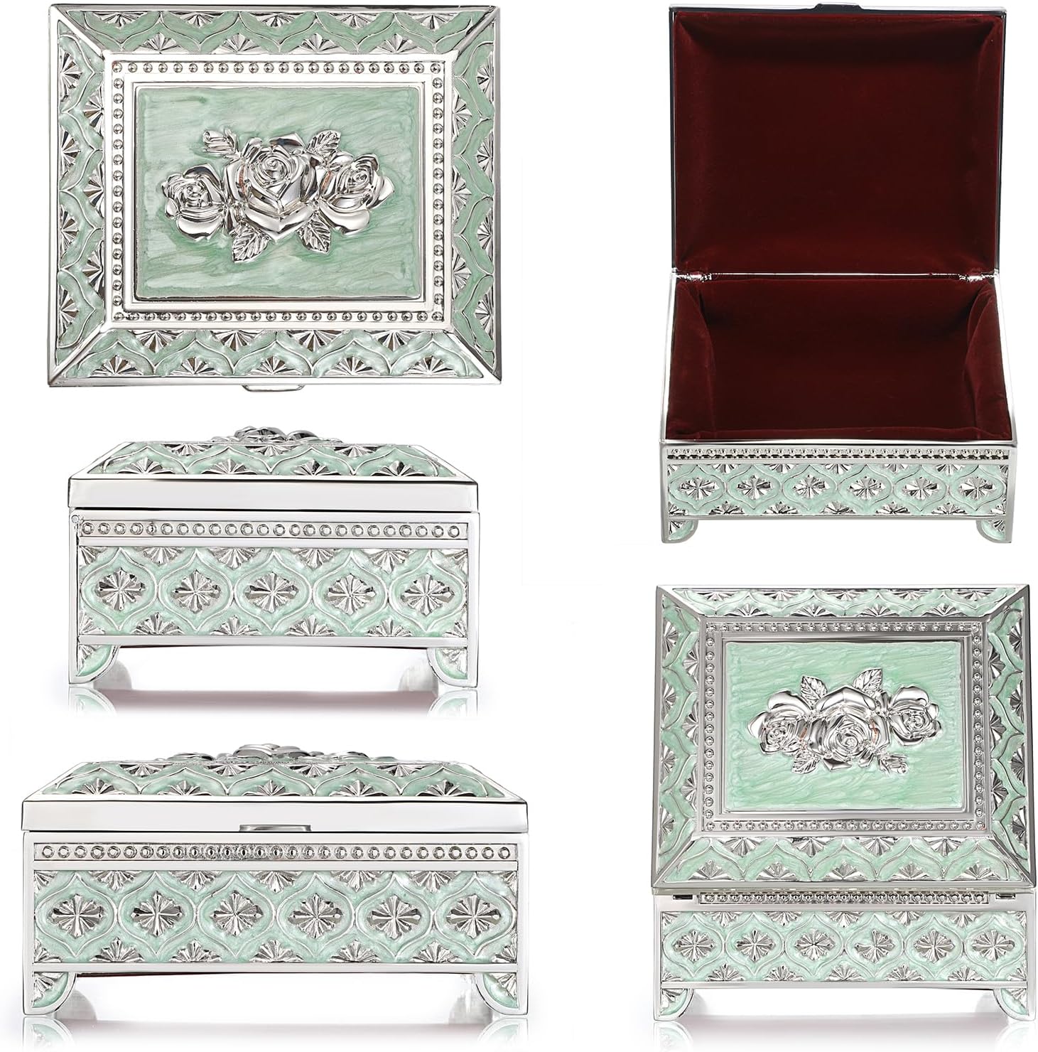 Hipiwe Vintage Metal Jewelry Box Floral Gorgeous Jewelry Trinket Box for Ring Earrings Necklace Rectangle Trinket Case Decorative Keepsake Box for Women,Pale Green - Image 9