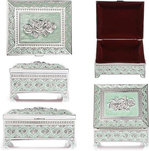 Miniatura 9 de Hipiwe Joyero de metal vintage con diseño floral, preciosa caja de joyería para anillos, aretes, collar, caja rectangular para baratijas, caja