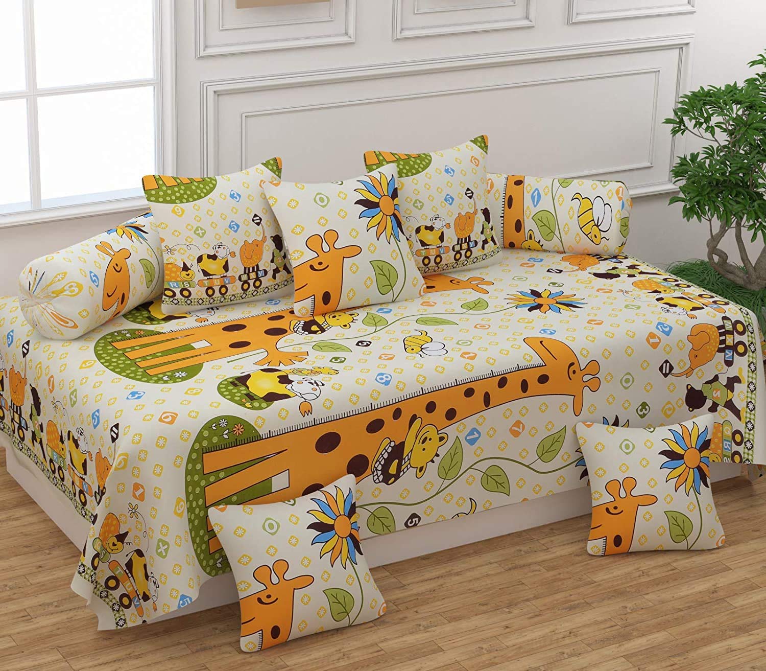 MORADO ® 160 TC Glace Cotton Diwan Set of 8 Pieces Animal Print (Including 1 Bedsheet, 5 Cushion Covers and 2 Bolster Covers, Multicolour, Medium Size)-image-33