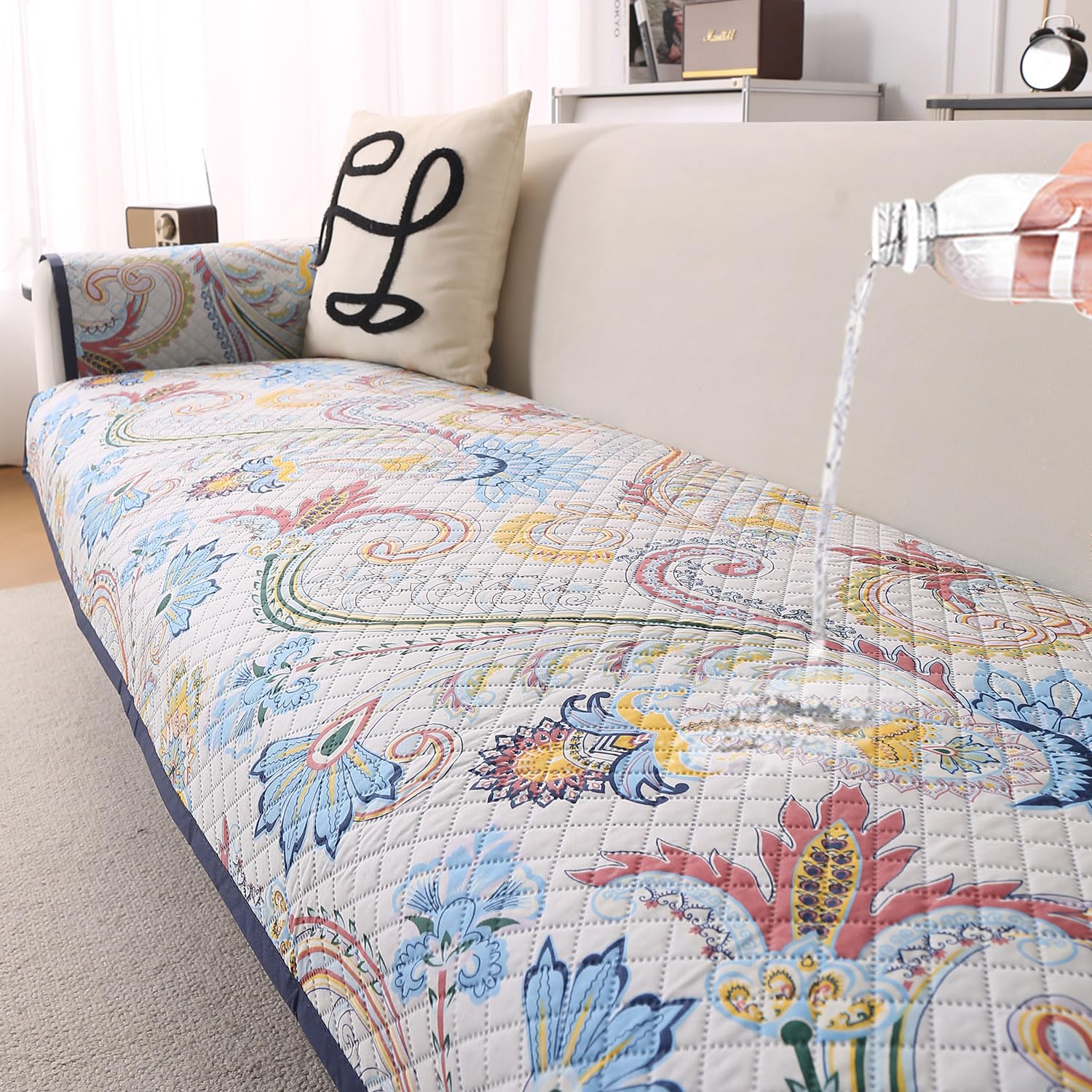 HOKIPO 'ShieldQuilt' 100% Leakproof Sofa Cover Mat for All Sofas | Make Your Own Sofa Cover Set, Printed Quilted Sofa Mat Length 85(D) x 170(L) cm, Celestial Garden (IN-865-D7)-image-8