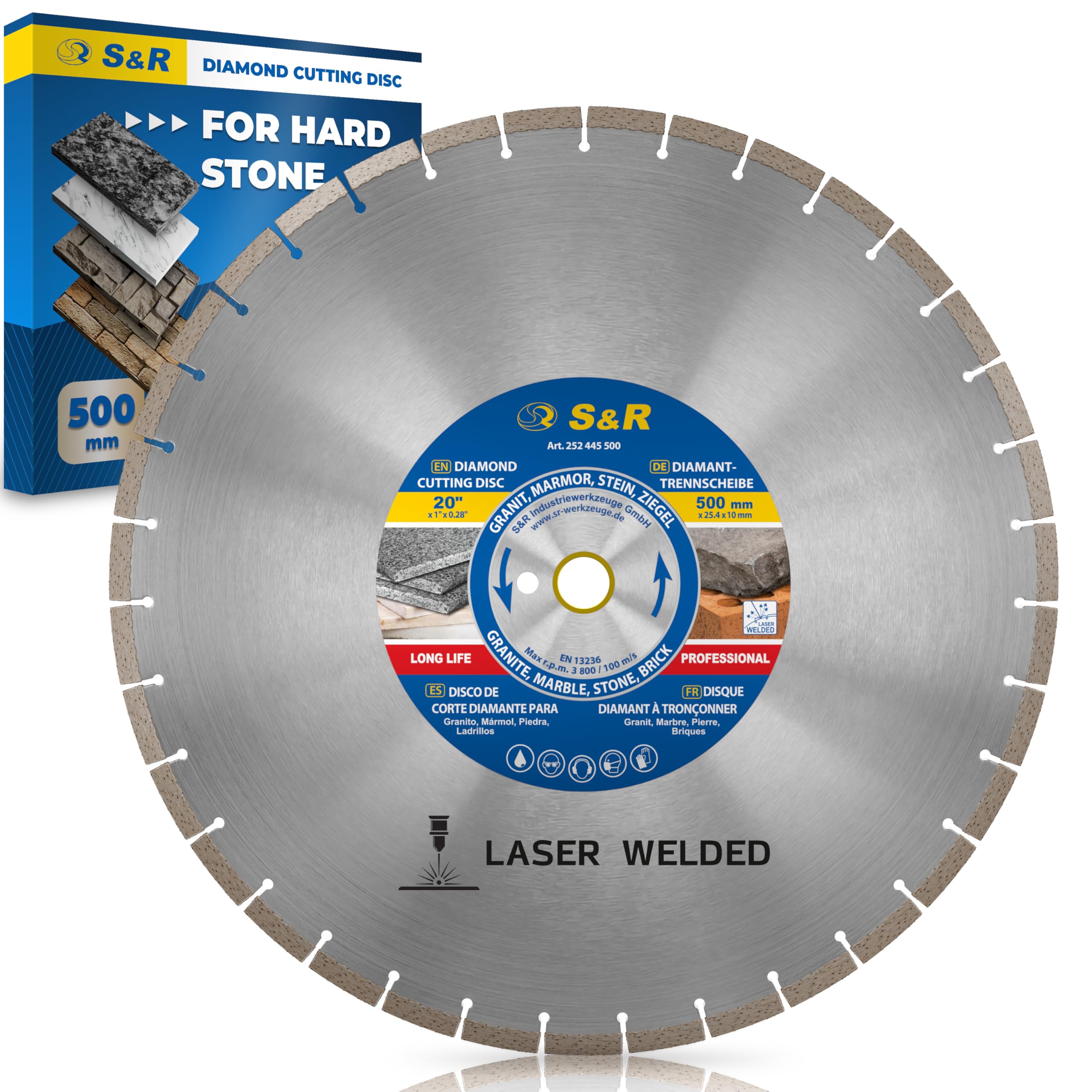 S&R Diamentowa tarcza tnąca 500 x 25,4 mm, spawana laserowo, jakość przemysłowa, podwójna żywotność kamienia naturalnego, sztucznego kamienia, marmuru, granitu, twardej cegły, do pił silnikowych, pił
