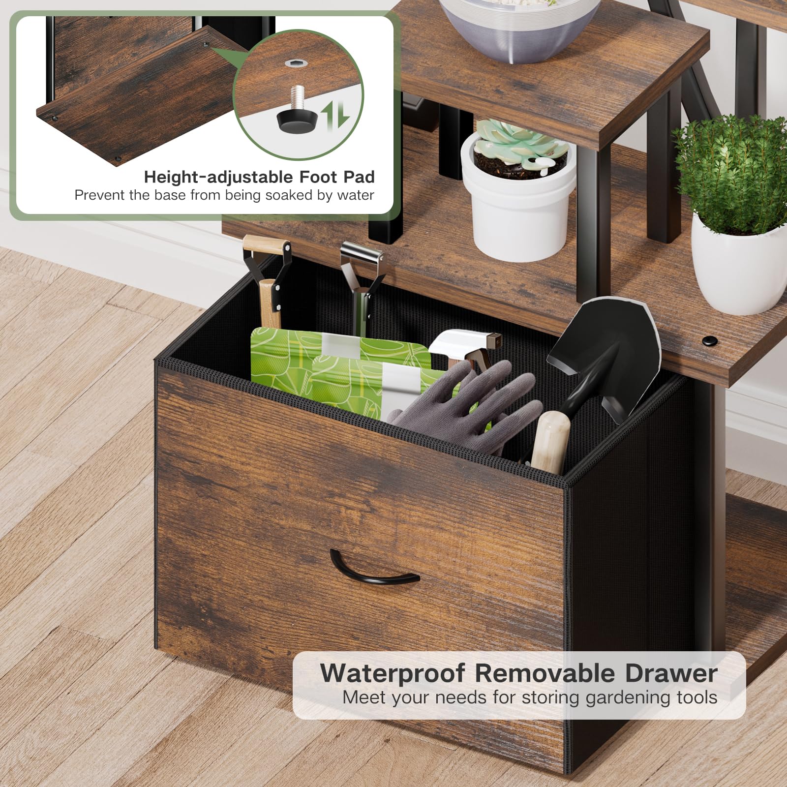 Pflanzenständer mit Wachstumslicht - 9 Ebenen Blumenständer Metall Holz mit Schublade, 165cm Hoher Blumenregal für den Innenbereich, Pflanzenregal mit Licht für Drinnen, Garten und Balkon