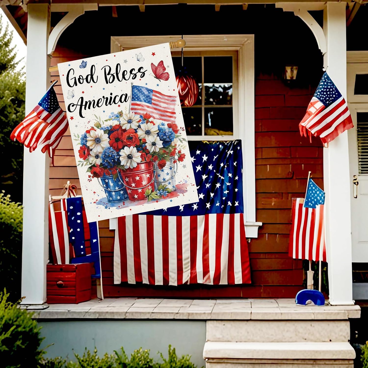 4th of July Floral House Flag, God Bless America Independence Day House Flags 28 x 40 Inch Double Sided, Memorial Day Flowers and Butterflies Flags Holiday Party Decoration for Outside Courtyard
