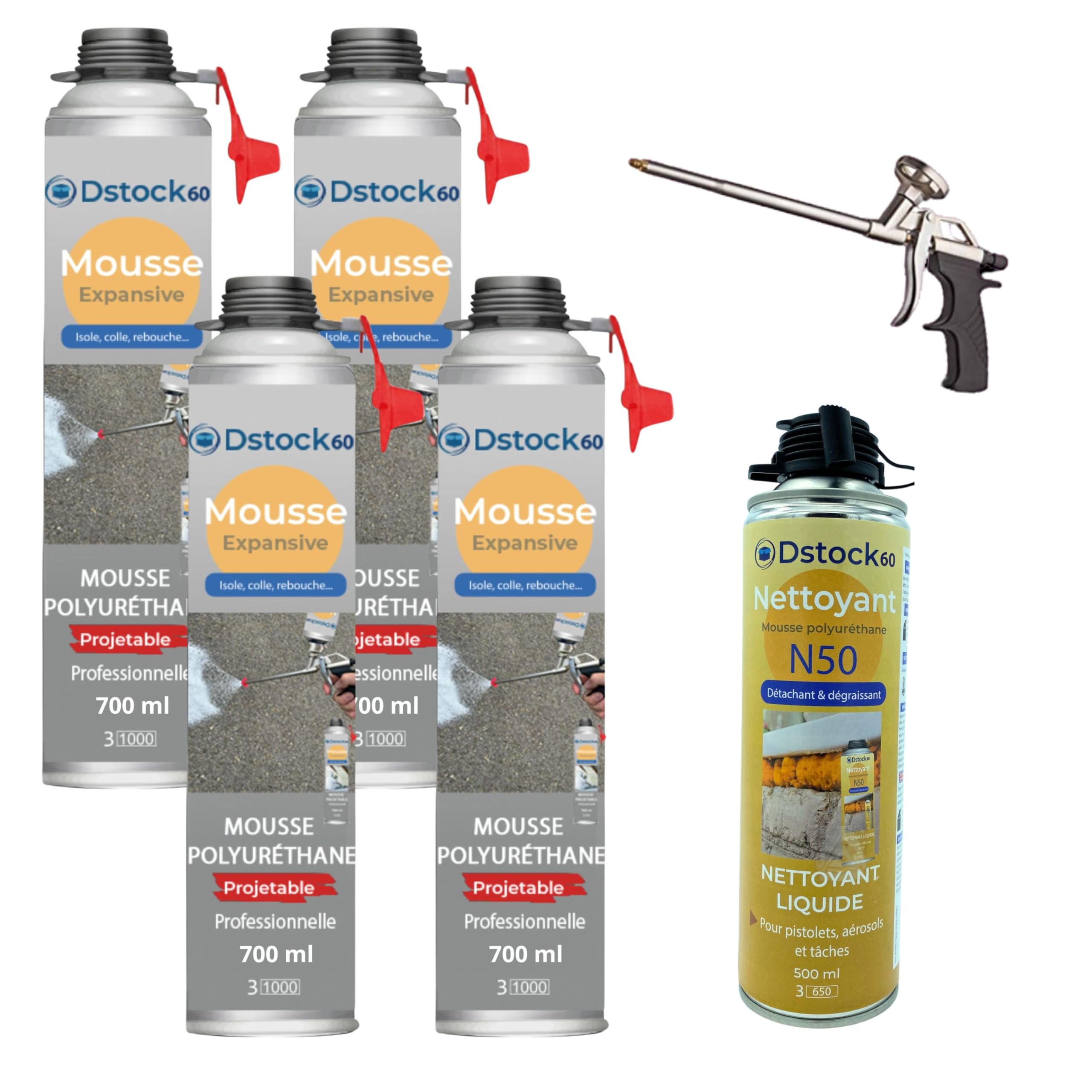 DSTOCK60 – Pack de 4 mousses expansives polyuréthanes projetables 700 ml + 1 pistolet + 1 nettoyant mousse - compatible multi-surfaces - application facile et rapide