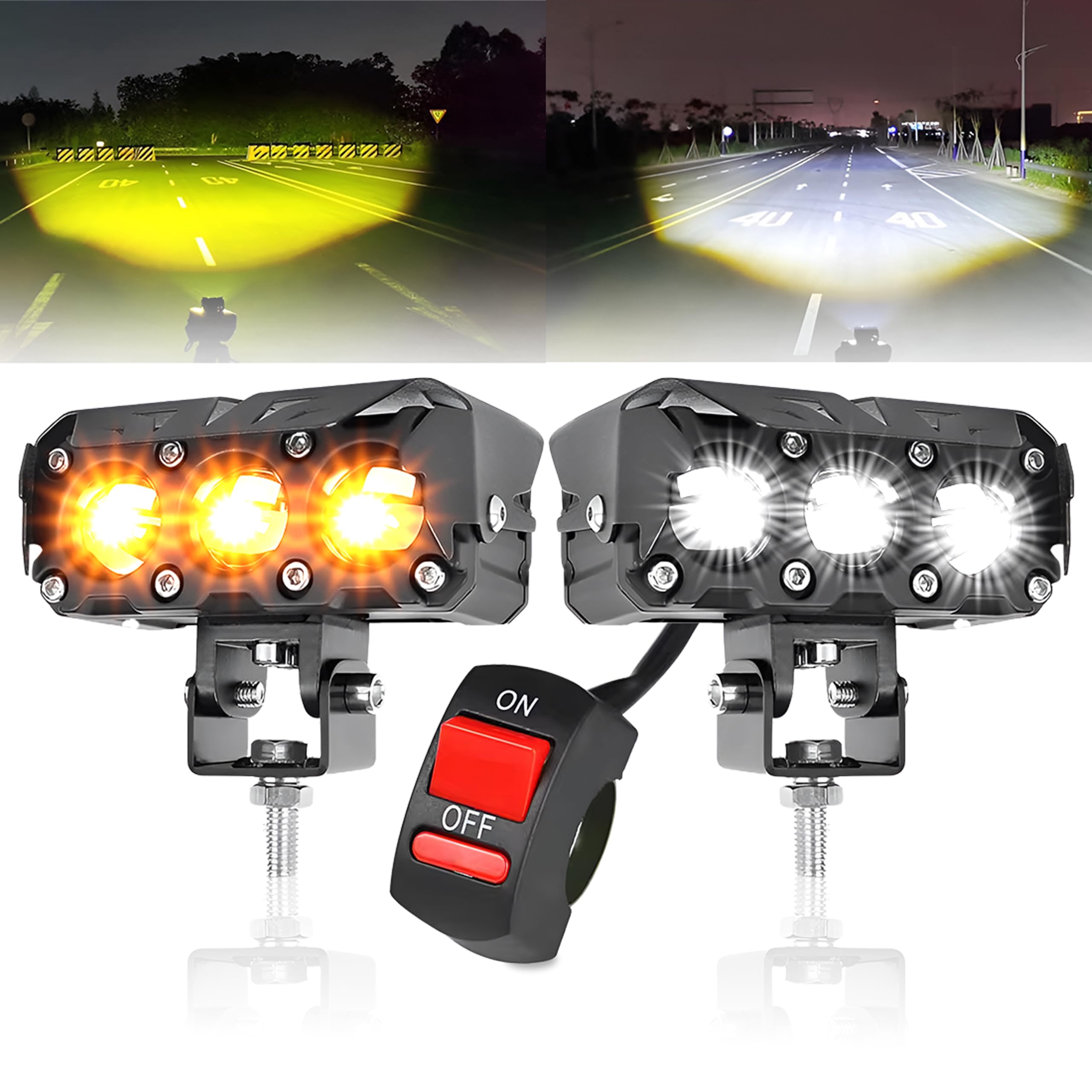 OBEROI'S TRADERS 1 YEAR WARRANTY Super Bright 3 Led Fog Light Lamp | White & Yellow | High/Low Beam | 4 Modes of Flashing Spotlight With Switch Universal for Bikes, Cars, SUVs & Thar (Pack of 2)