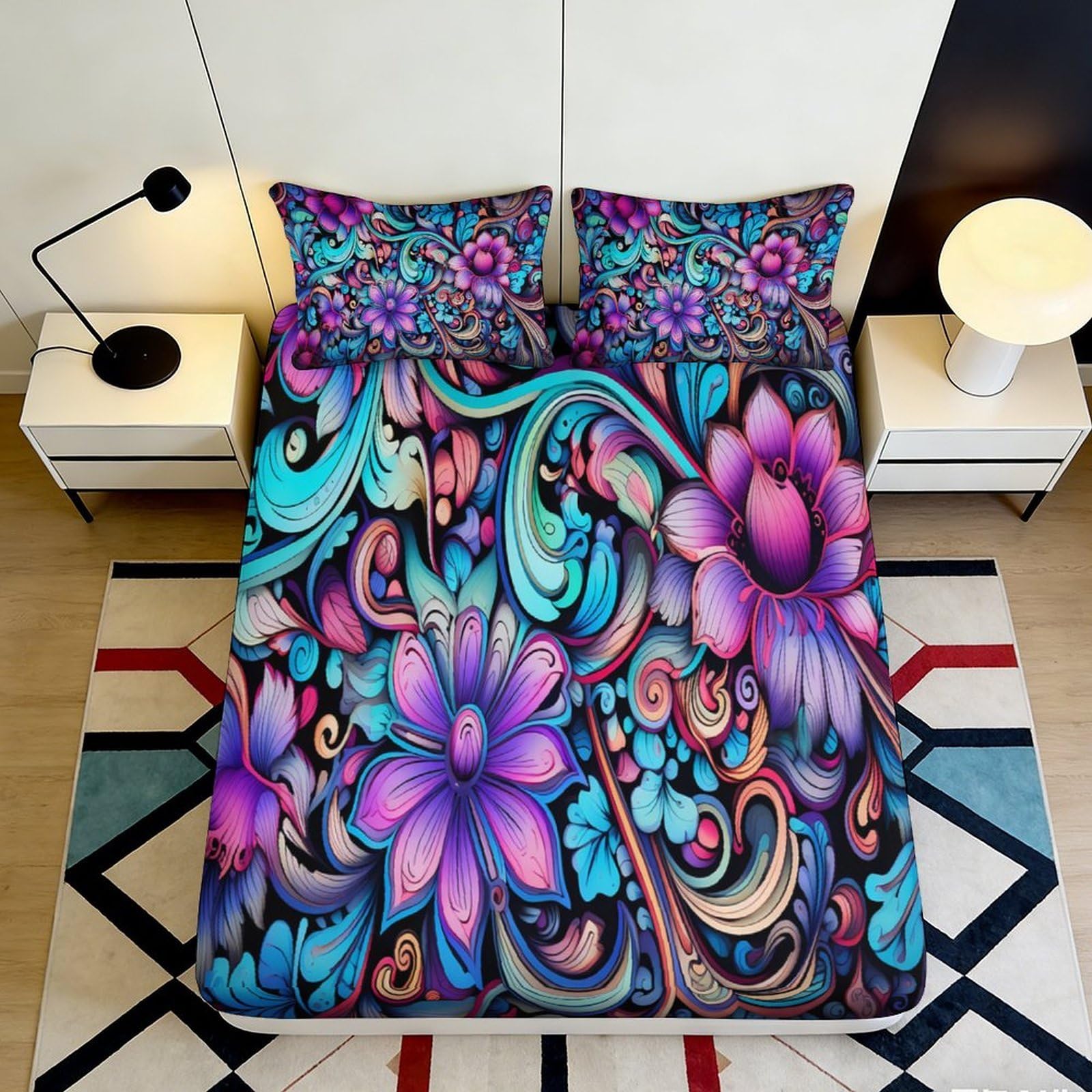 Pnayamiorkfel Style-2 3D Printed Floral Fantasy Fitted Sheet Microfiber Vibrant Abstract Bed Cover For Bedroom Guest Room Dorm Mattress Protection Decor 90X200x25cm