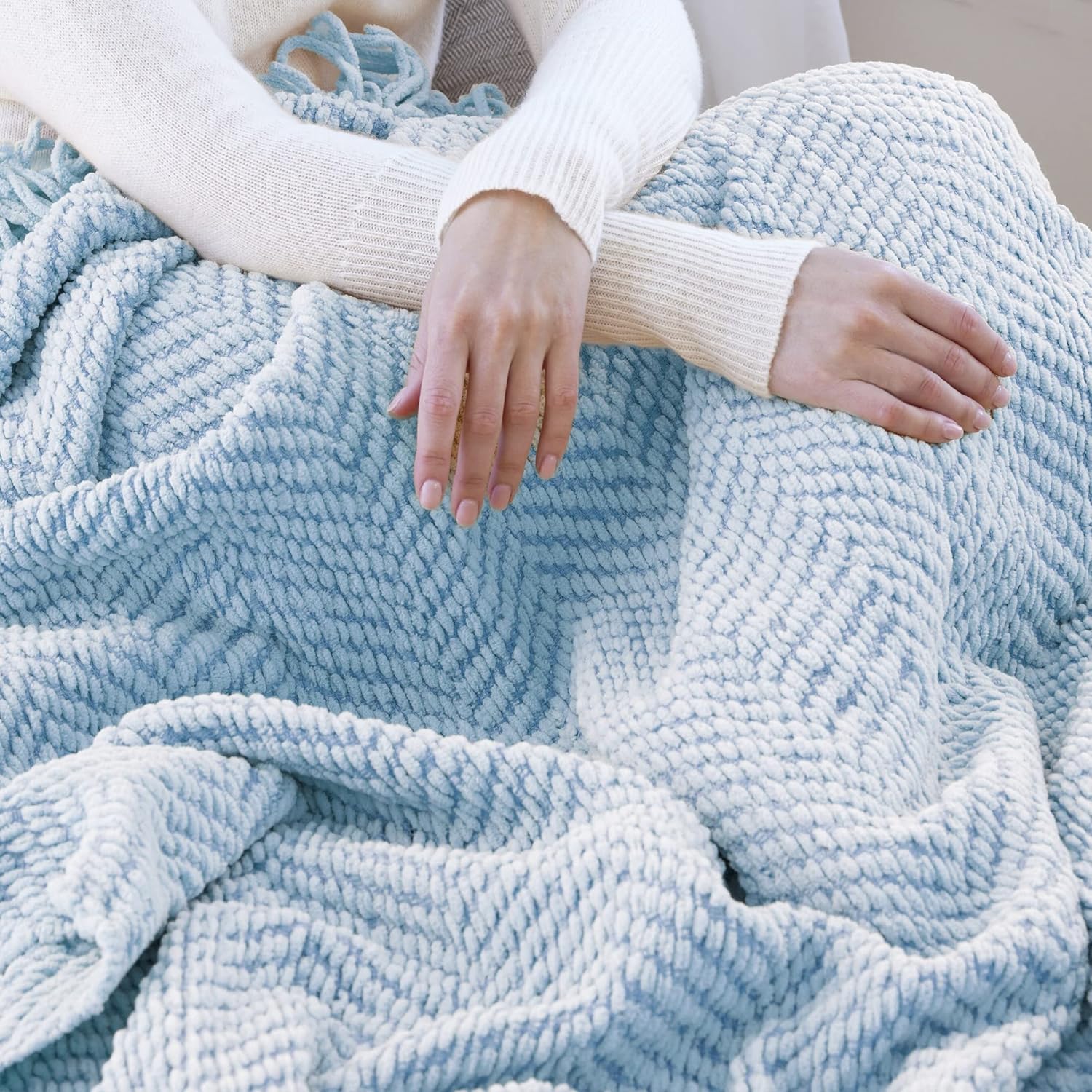 Throw Blanket for Couch Soft Knitted Textured Couch Cover Tweed Blanket with Fringe Tassel for Home Décor Bed Sofa Chair, 60" x 80", Powder Blue