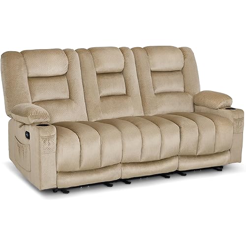 MCombo Zero Gravity Power Reclining Sofa with Heat and Vibration Massage, 3 Seater Reclining Couch with USB Ports, Cup Holders for Living Room, Fabric PR648SET (Beige)