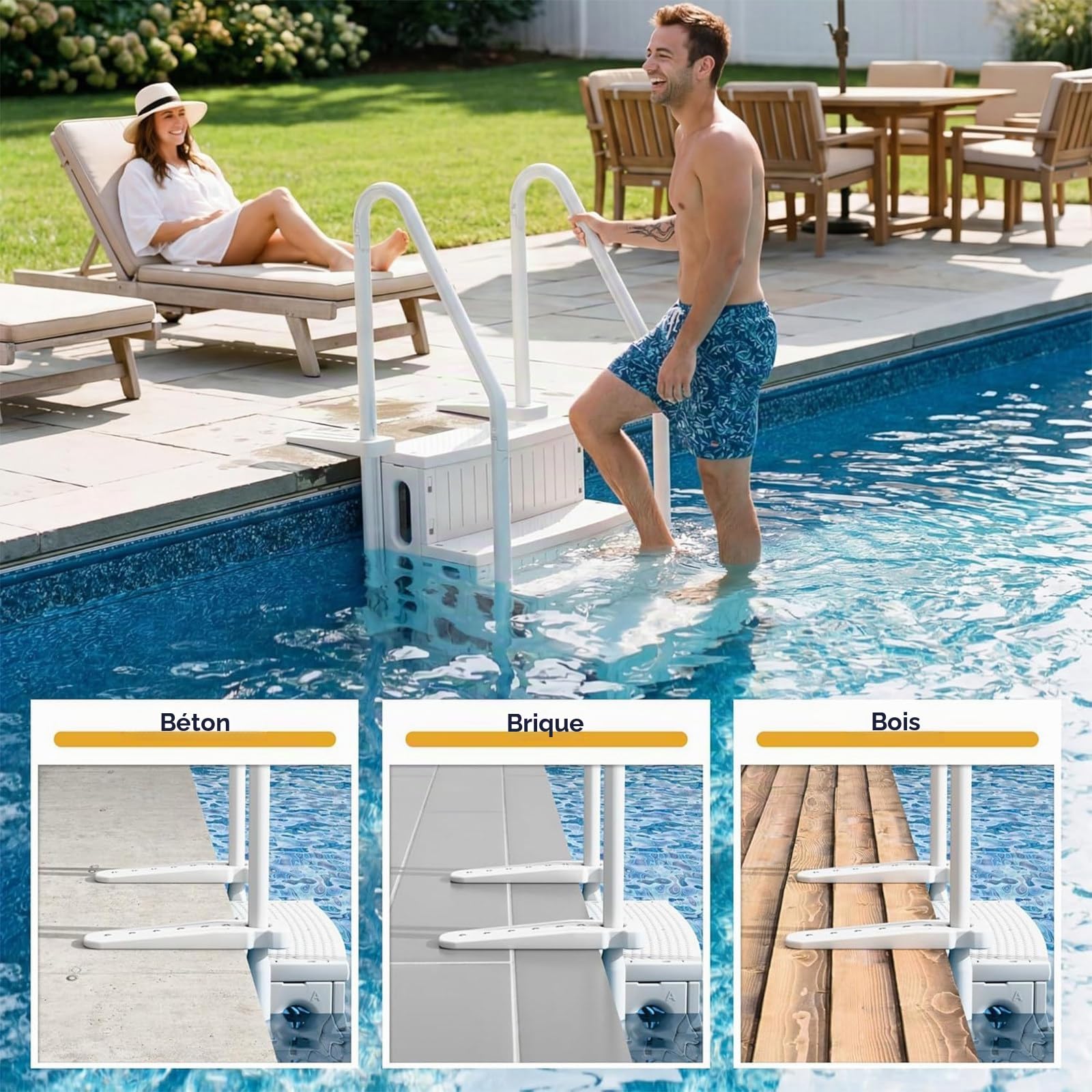 Escaliers de Piscine Hors Sol à Hauteur Réglable avec Rampe