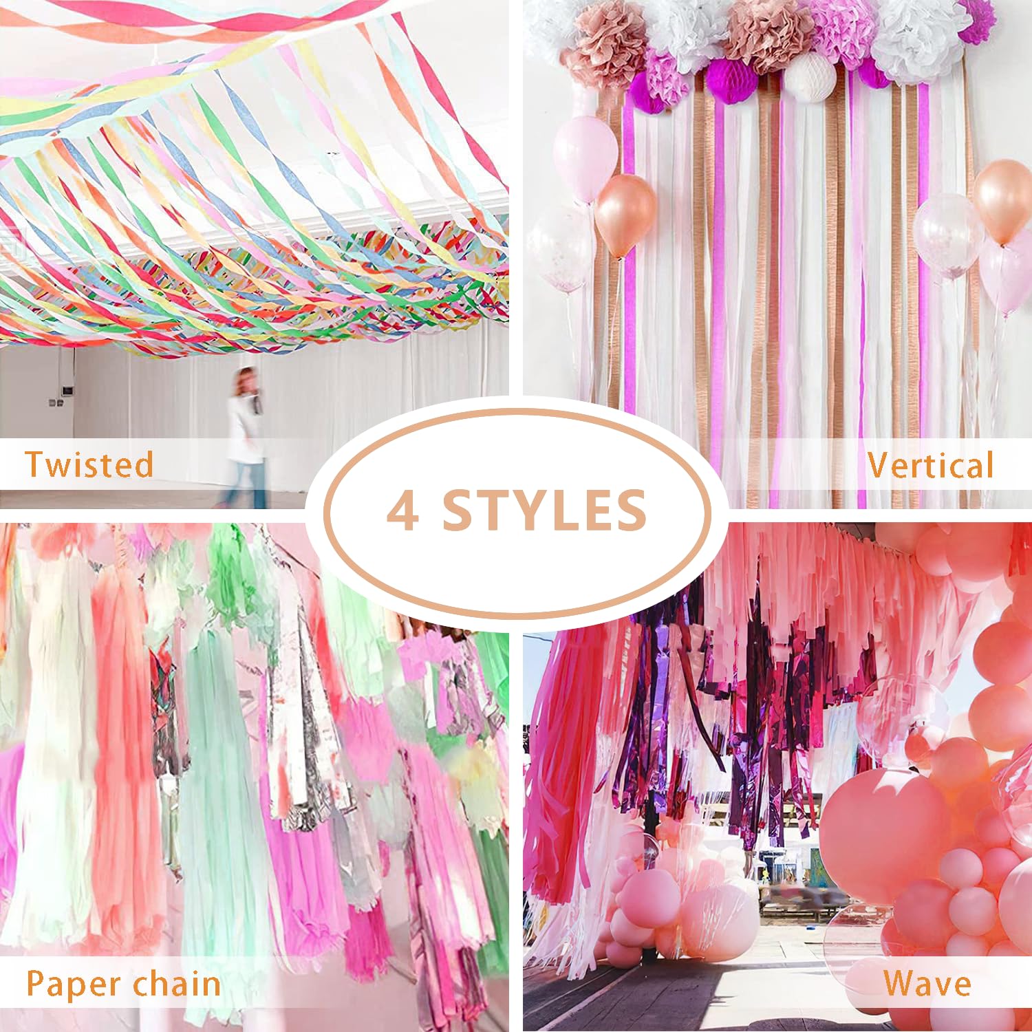 PIGETALE Serpentinas de papel crepé, 4 rollos de 328 pies, paquete de serpentinas metálicas de oro rosa, rosa polvoriento, rosa claro y blanco
