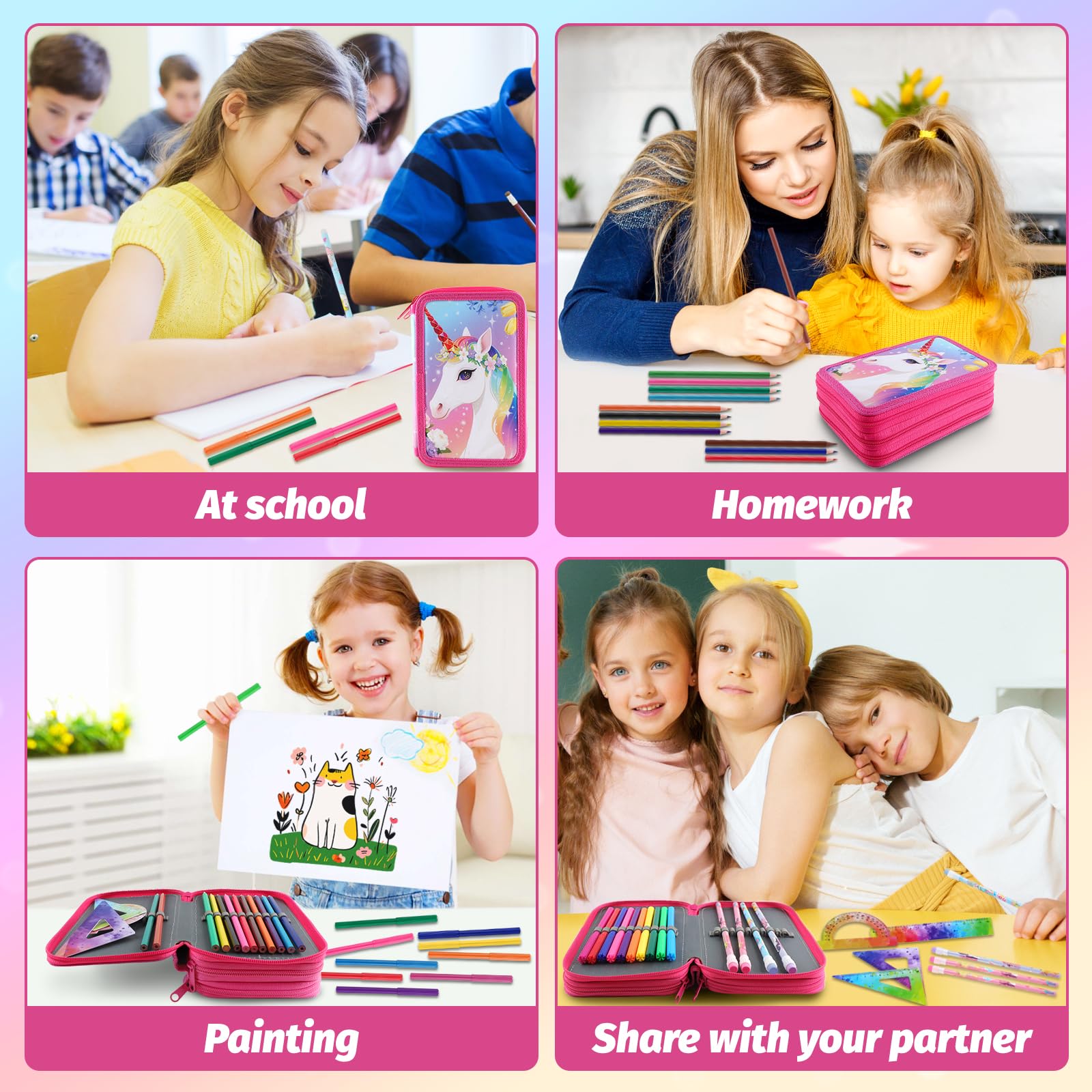 44 Teilen Federmäppchen Einheorne Set Einhorn Federmäppchen 3 Fächer Große Kapazität Mäppchen Mädchen mit Lineal,Wasserfarben,Federtasche Geschenk für Schule Kinder