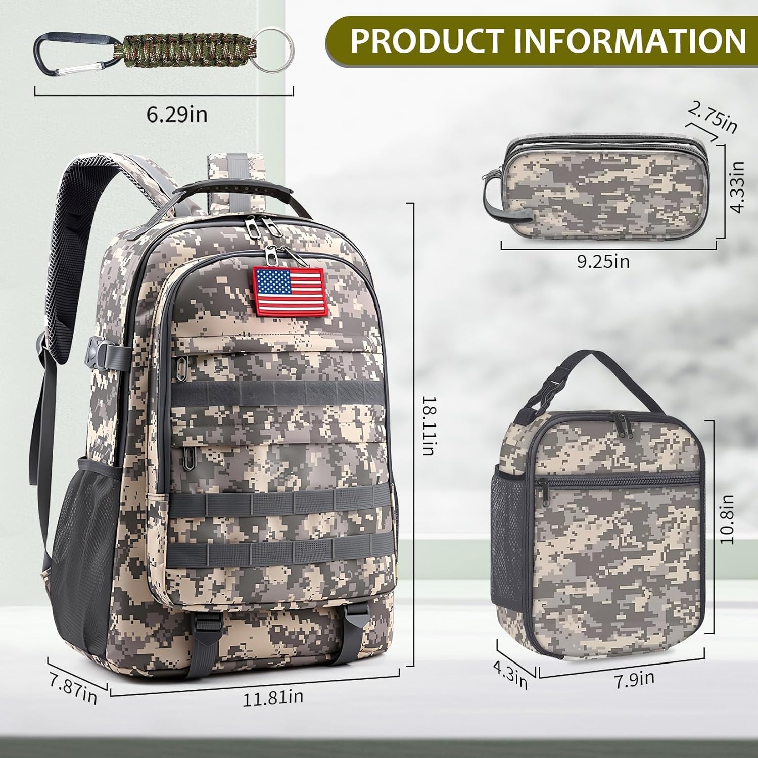 School Backpack for Boys - Camouflage Boys Backpack for Kids Teens Elementary Middle School - 4pcs Camo Students Bookbag with Lunch Box and Pencil Case & Key-chain,18″ Bookbag with Usb Charging Port