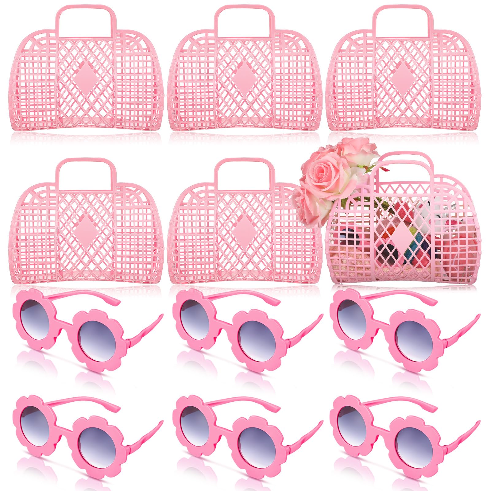 Sweetude 12 Pcs Jelly Bags with Sunglasses Jelly Purse Basket Reusable Tote Beach Handbags for Women Girls Kid
