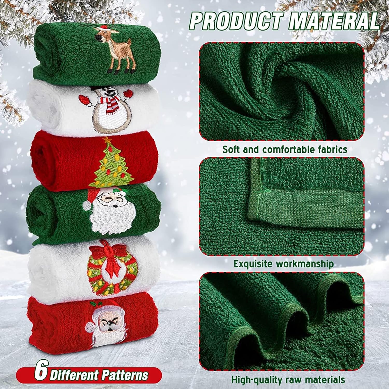 Tatuo 6 Pieces Christmas Bathroom Towel Santa Reindeer Snowman Cotton Decorative Hand Towels Fabric Christmas Cotton Embroidered Hand Towels for Kitchen Bathroom Home Cleaning (Classic Style) - Image 5