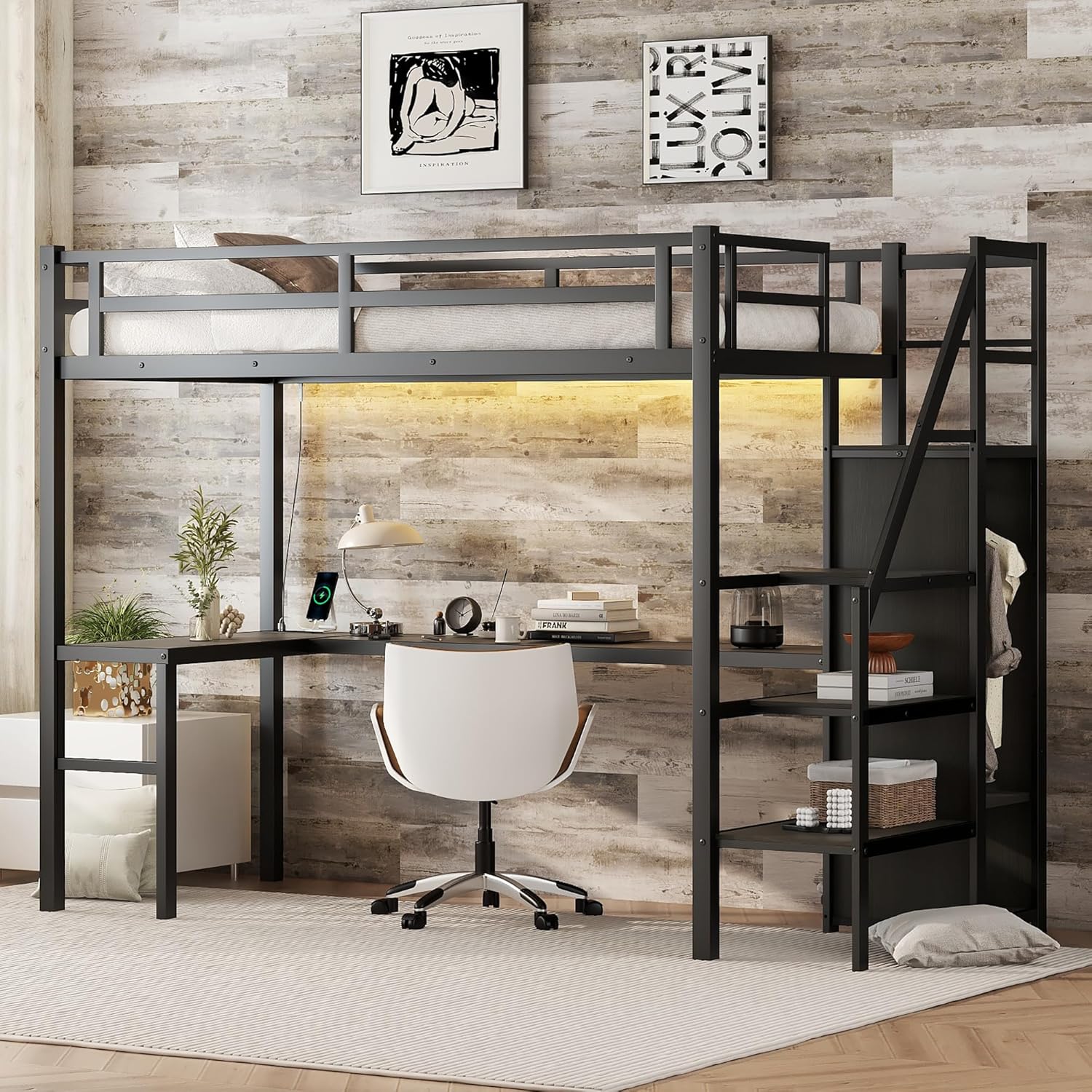 KEIKI Metal Loft Bed Twin XL Size with L-Shaped Desk & USB & Wardrobe & Adjustable Shelf, High Loft Bed with LED for Kids Teens Adults, Black