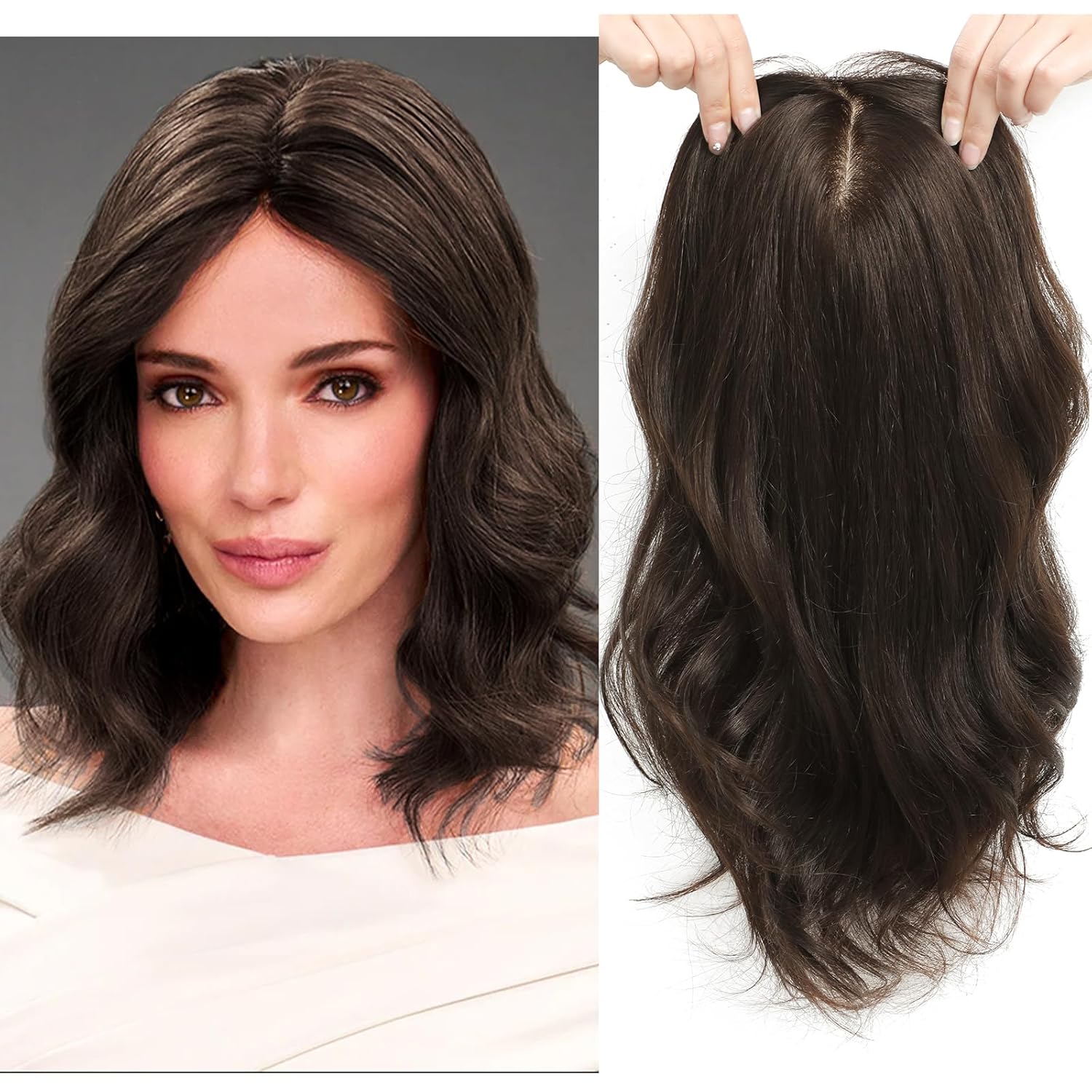 Human Hair Topper for Women Wavy Hair Topper for Women with Thinning Hair Dark brown Hair Topper 14inch Wavy Hair Topper Hair Pieces for Women Wig Topper for Thinning Hair Curly hair topper#2