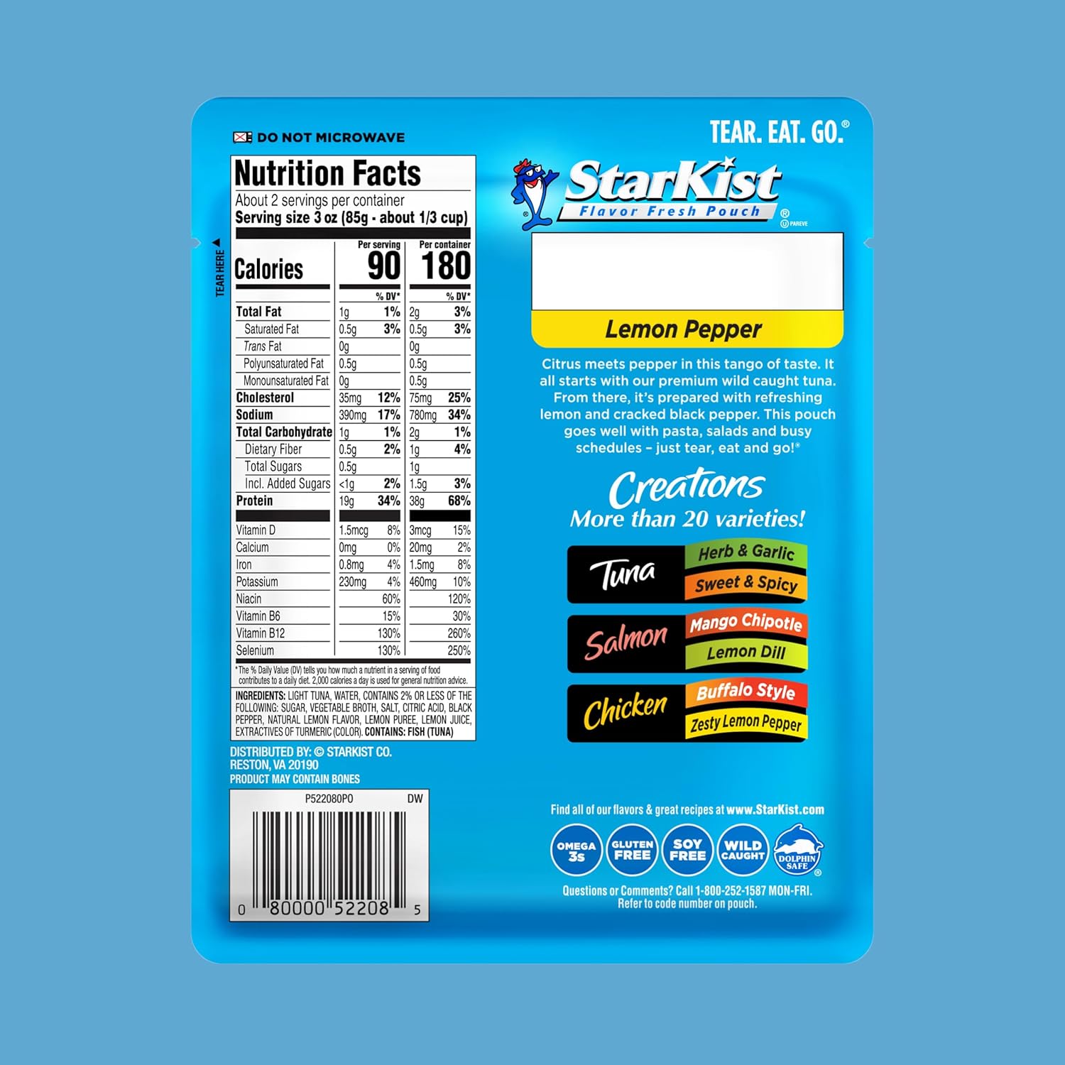 StarKist Tuna Creations Lemon Pepper Pouch (6 oz - 12 Pack) Wild Caught, High Protein Shelf Stable Seafood, Gluten Free, Soy Free, No Draining, Ready to Eat for Salads and Sandwiches