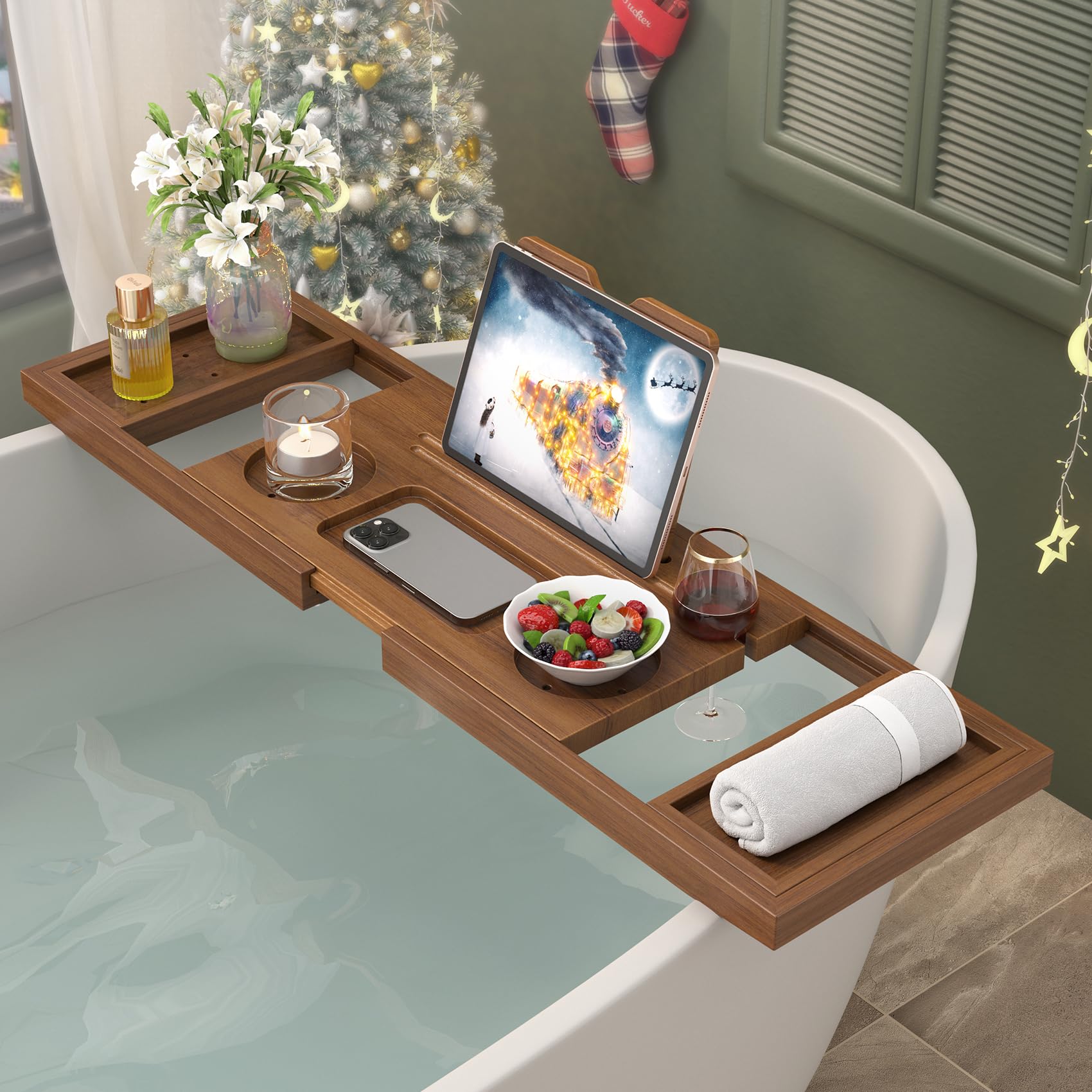 Dorivibe Teak Bathtub Tray Expandable Wooden Bath Tray for Tub Luxury Bath Caddy for Bathtub Birthday Wedding for