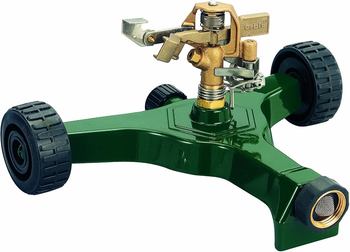 56186N Aspersor de impacto de latón de 1/2 pulgada para césped y jardín con base de rueda de metal | Aspersor de impacto de latón sobre base de rueda de metal estable para cobertura ajustable de 360 grados para césped y jardín y rango
