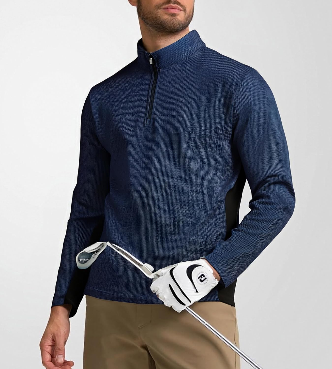 Alex Vando Mens Long Sleeve Zipper Golf Shirts Color Block Texture Polo Shirt for Men - Image 3