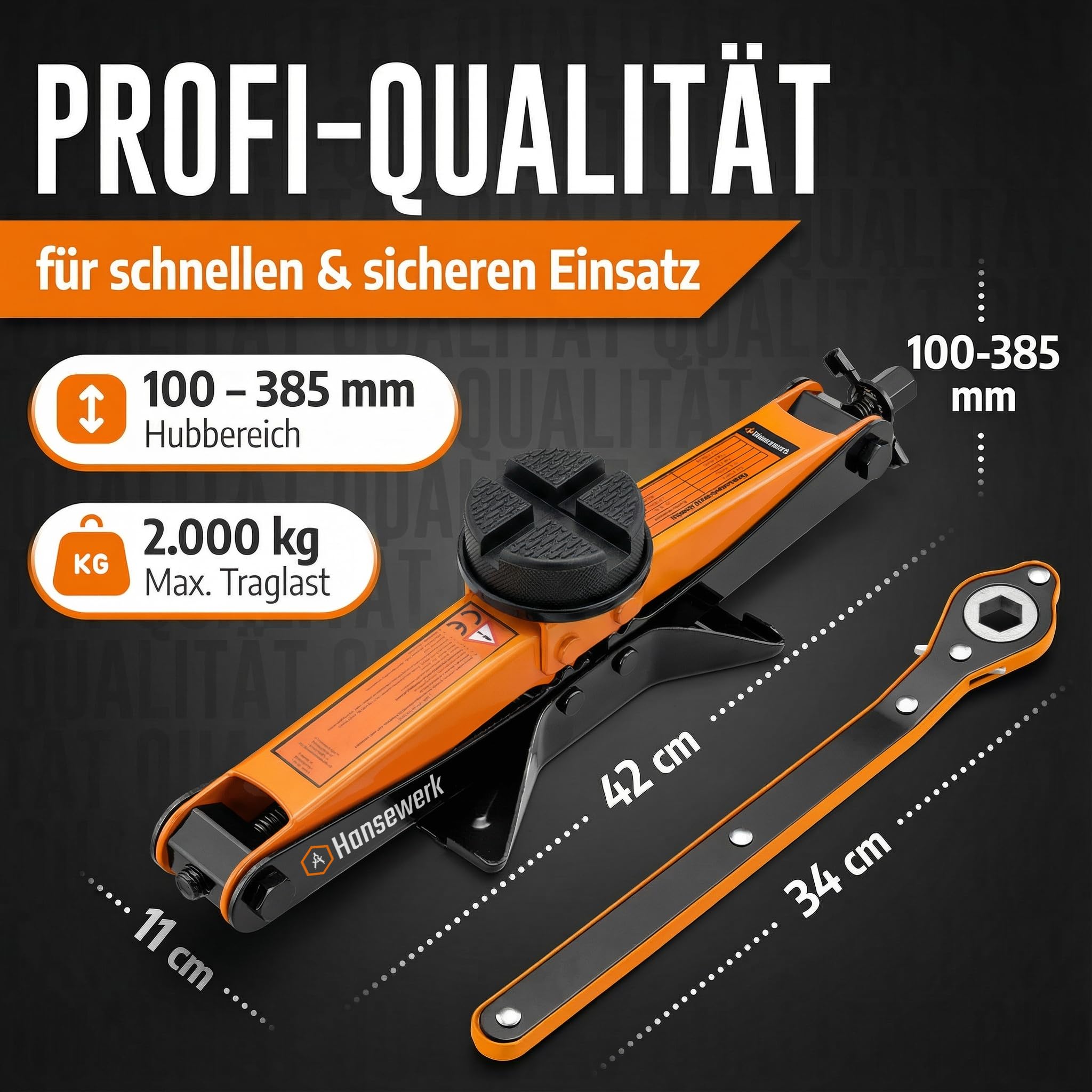 Wagenheber Scherenwagenheber 2t inkl. Ratsche (Basic) | 360° schützender drehbarer Gummikopf | geeignet für alle PKW inkl. SUV