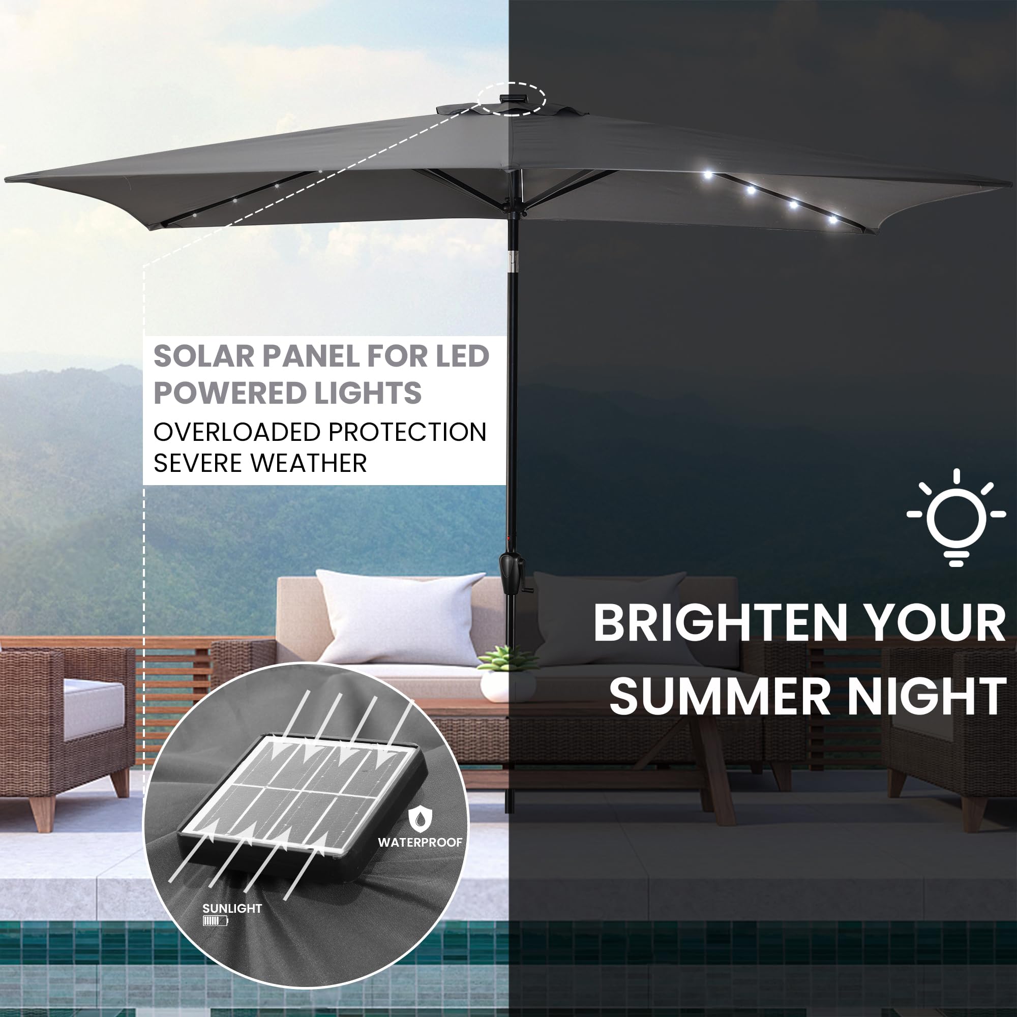 Sun-Ray Rectangular Patio Umbrella 6.6ft by 10ft with 22 Solar Powered LED Lights, Push-Button Tilt and Hand Crank Lift, Solar Umbrella with Solution Dyed Grey Fabric for Porch, Deck, and Patio