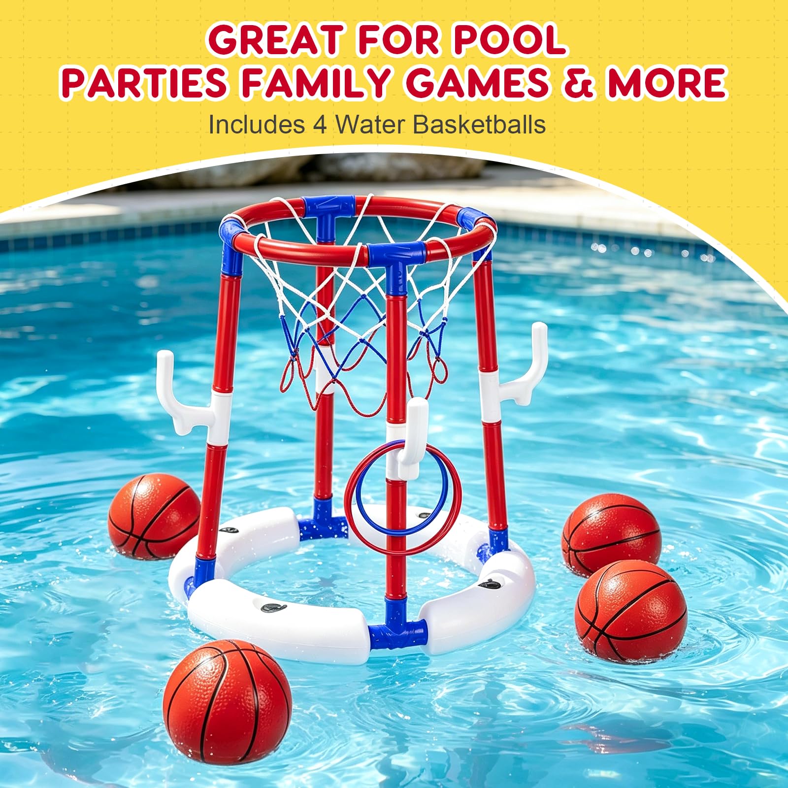 Giocattoli da basket per piscina, cestino da basket galleggiante per piscina con 4 palline, 6 anelli e pompa, ideale per bambini e adulti per divertirsi in acqua