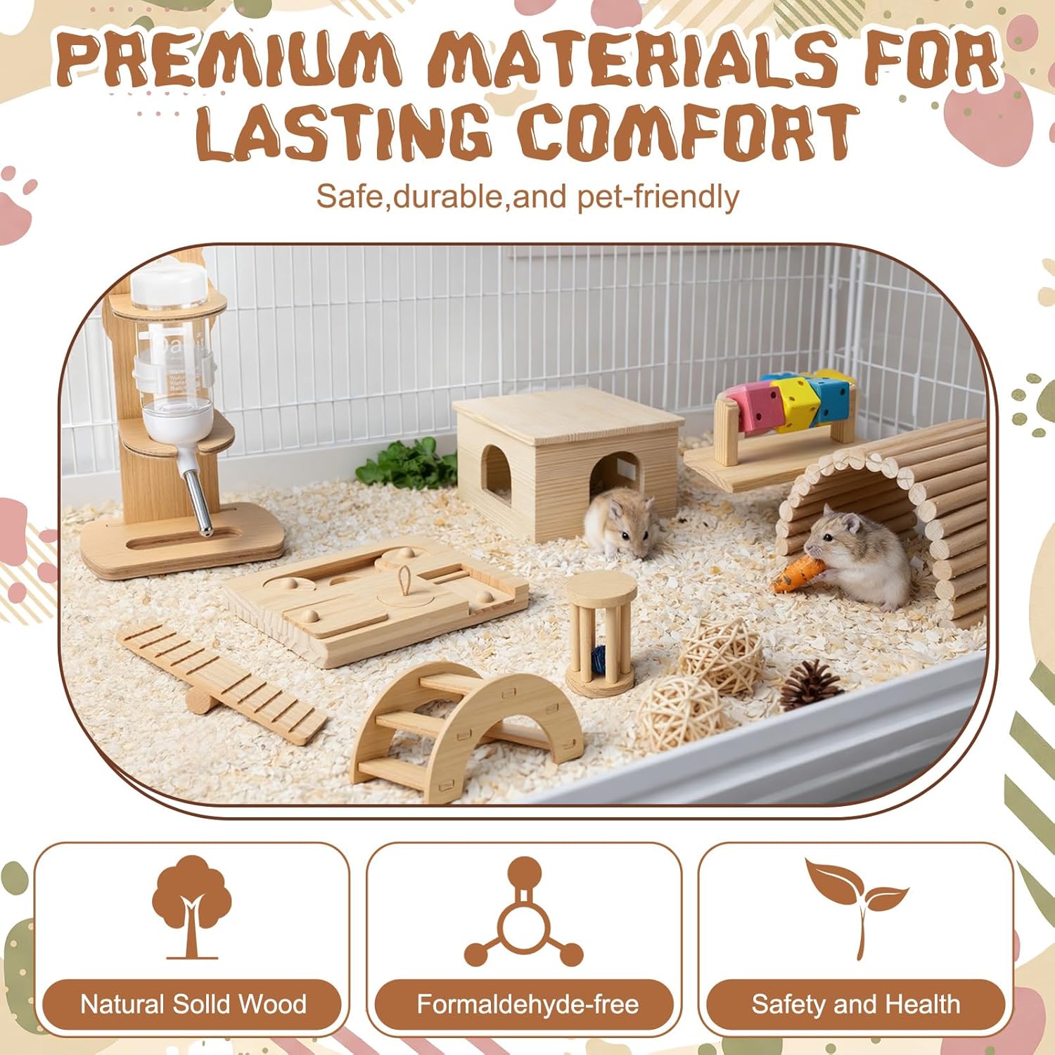 Leinuosen 19 Pcs Hamster Cage Accessories Toy Set Large 12*9*7 Inch Wood House with Window and Water Bottle with Stand Foraging Toy Hideout Hamster Climbing for Starter Guinea Pig Small Animal Habitat