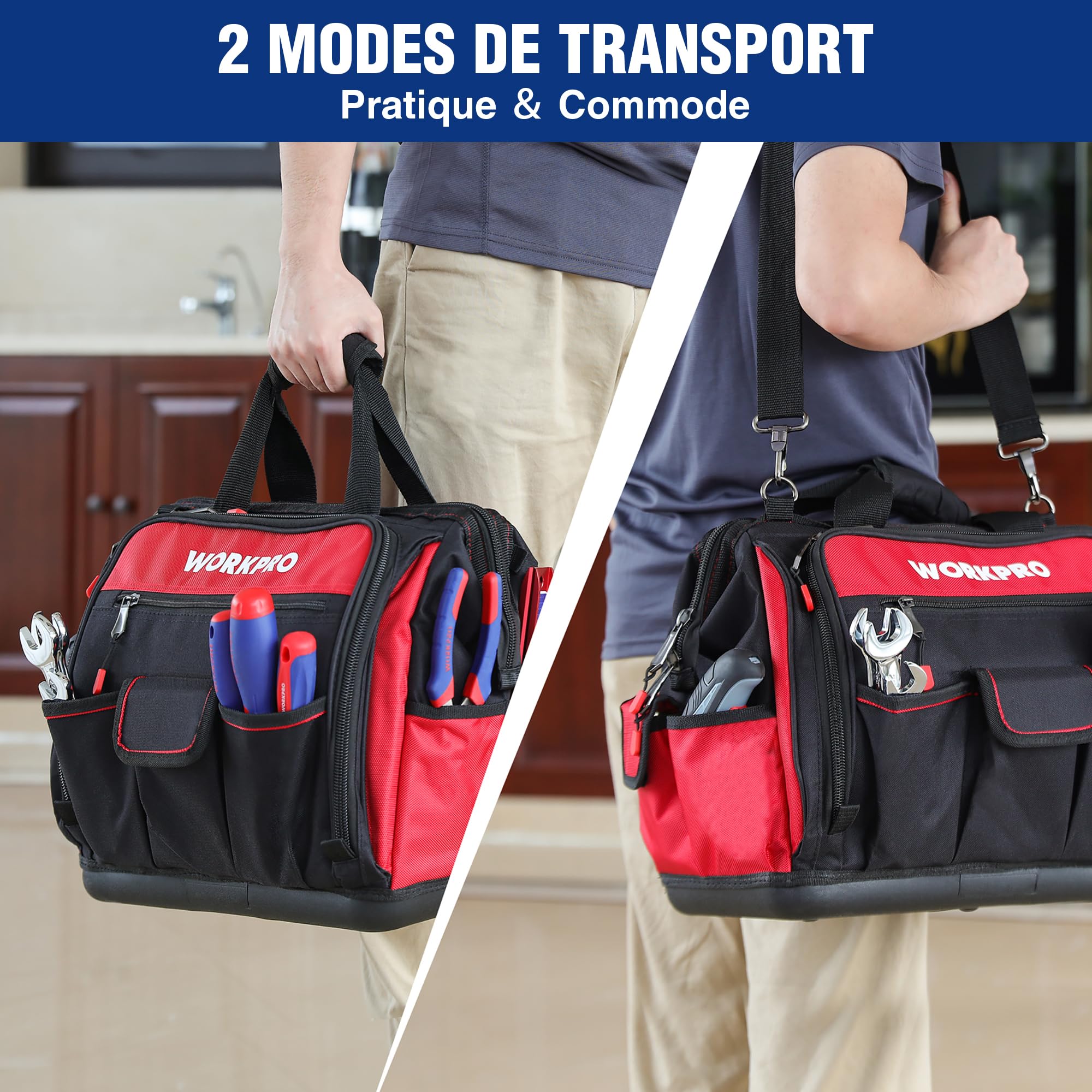 WORKPRO Sac à Outil avec 39 Poches 42 x 25 x 34 cm, Sac Porte-outils avec Grande Capacité, Fond Dur Etanche, Bandoulière Large Réglable, Zip Flexible, Charge Maximale 28 KG