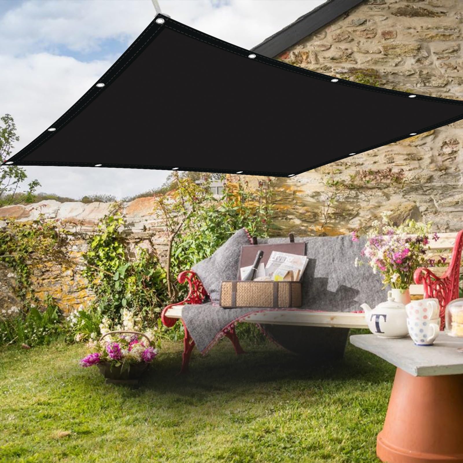 Żagiel Przeciwsłoneczny 3.5 x 6.5 m Siatka Ochronna Do Roślin/Ogrodu Tkanina Cieniująca 95% Ochrona UV Do Ogrodu, Na Balkon, Taras, Czarny