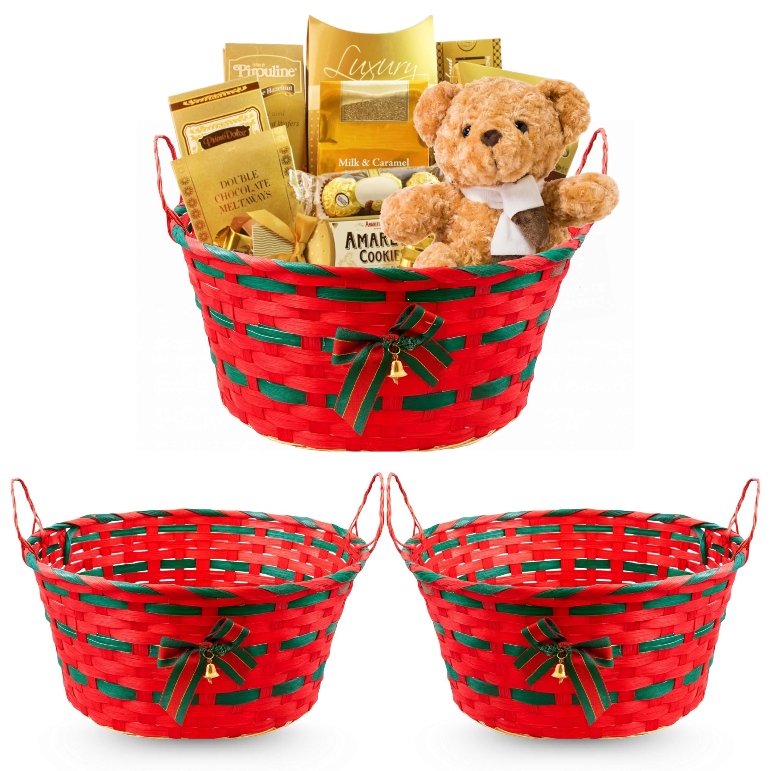 Adeptna Red Set Of 2 Hand Woven Wicker Christmas Baskets – 30Cm Festive Striped Bamboo Hampers With Handles, Decorative Bow, Holly & Bell – Natural Storage & Gift Hampers For Xmas (Red)
