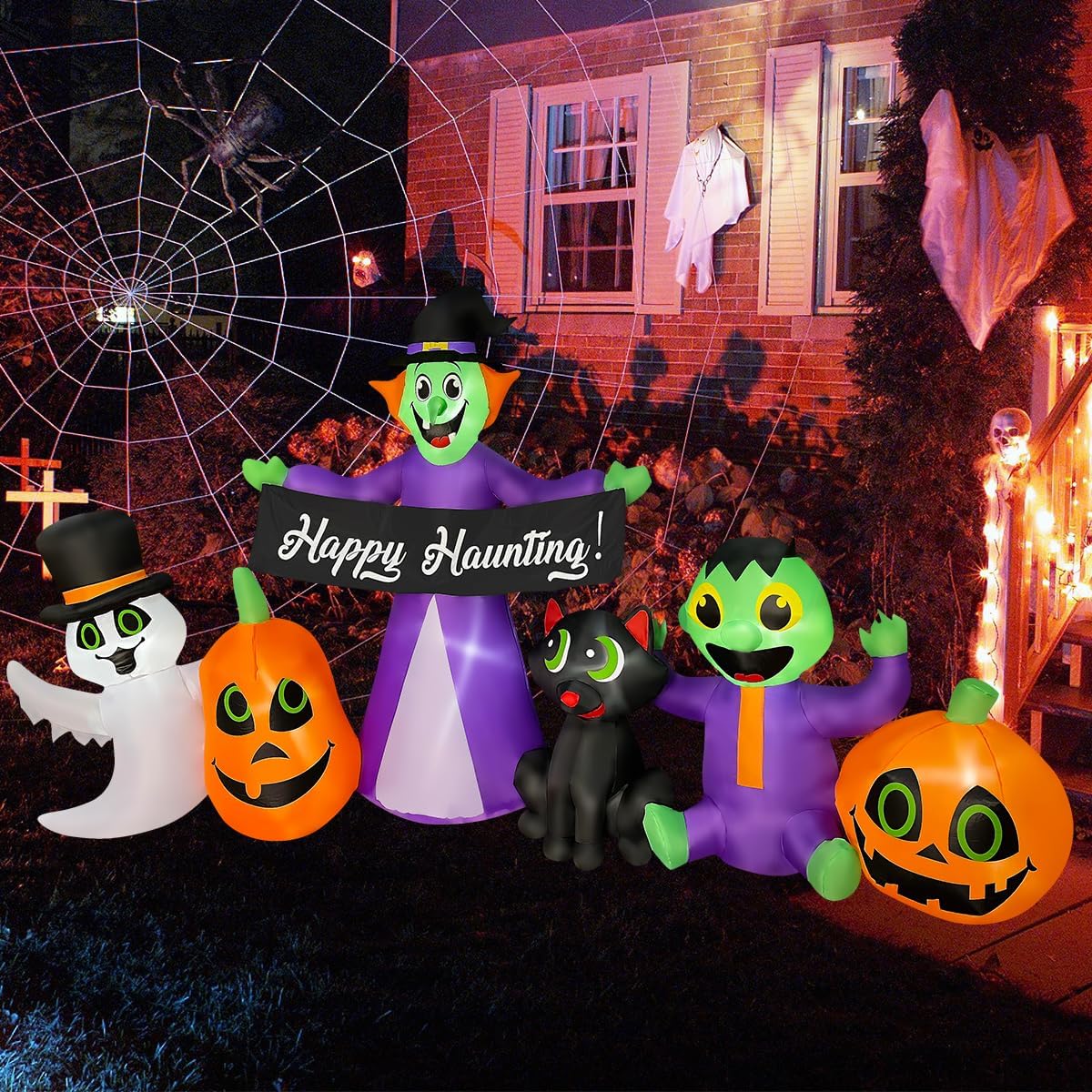 BLOWOUT FUN 8ft Length Halloween Inflatable Witch, Ghost, Frankenstein Baby, Black Cat with Pumpkin Decoration, LED Blow Up Lighted Clearance Decor Indoor Outdoor Holiday Art Decor Decorations