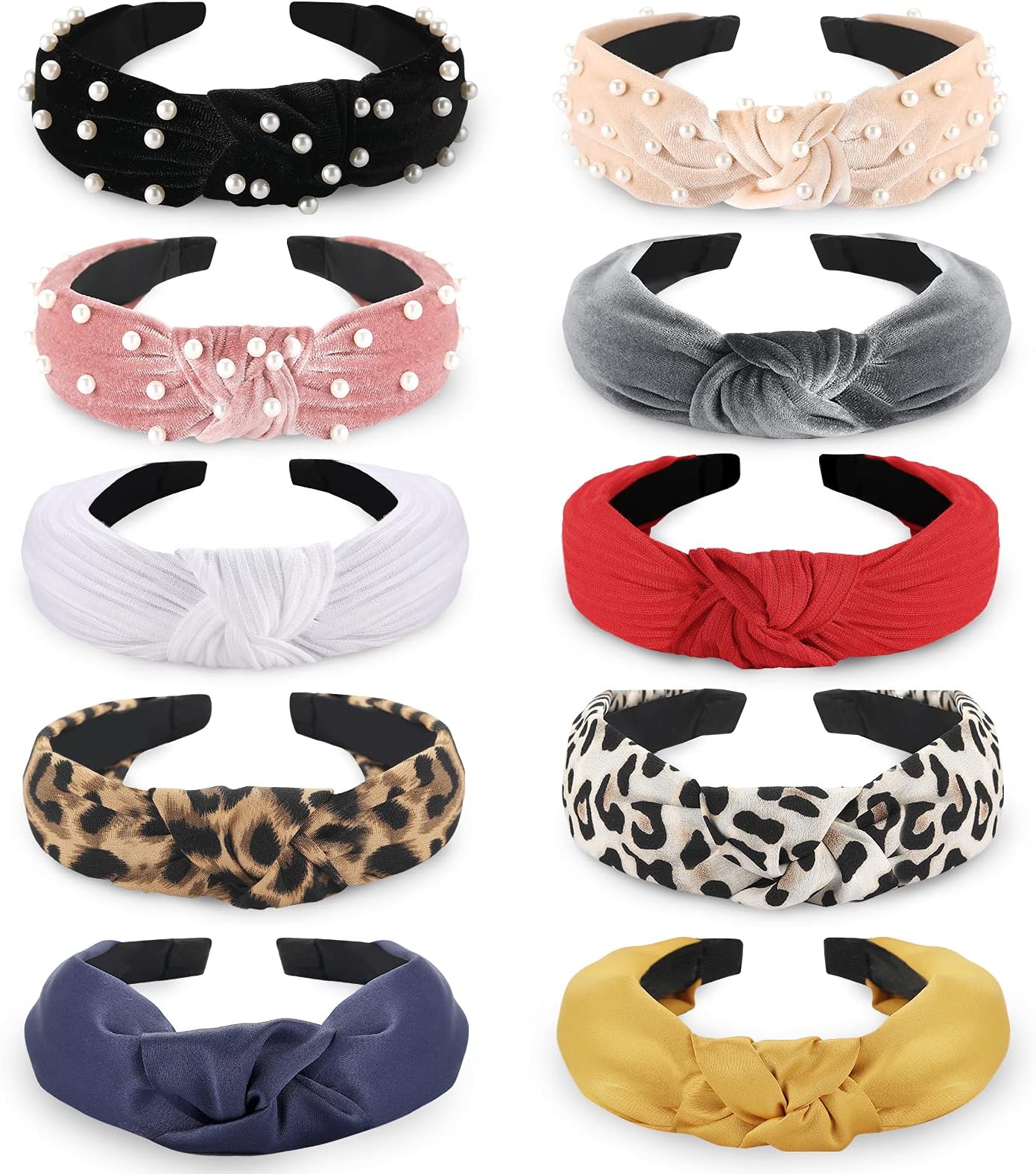 Funtopia Fashion Headbands for Women Girls, 10 Pcs Knotted Pearl Wide Top Knot Turban Hair Bands/ Hoops Vintage Velvet Leopard Print