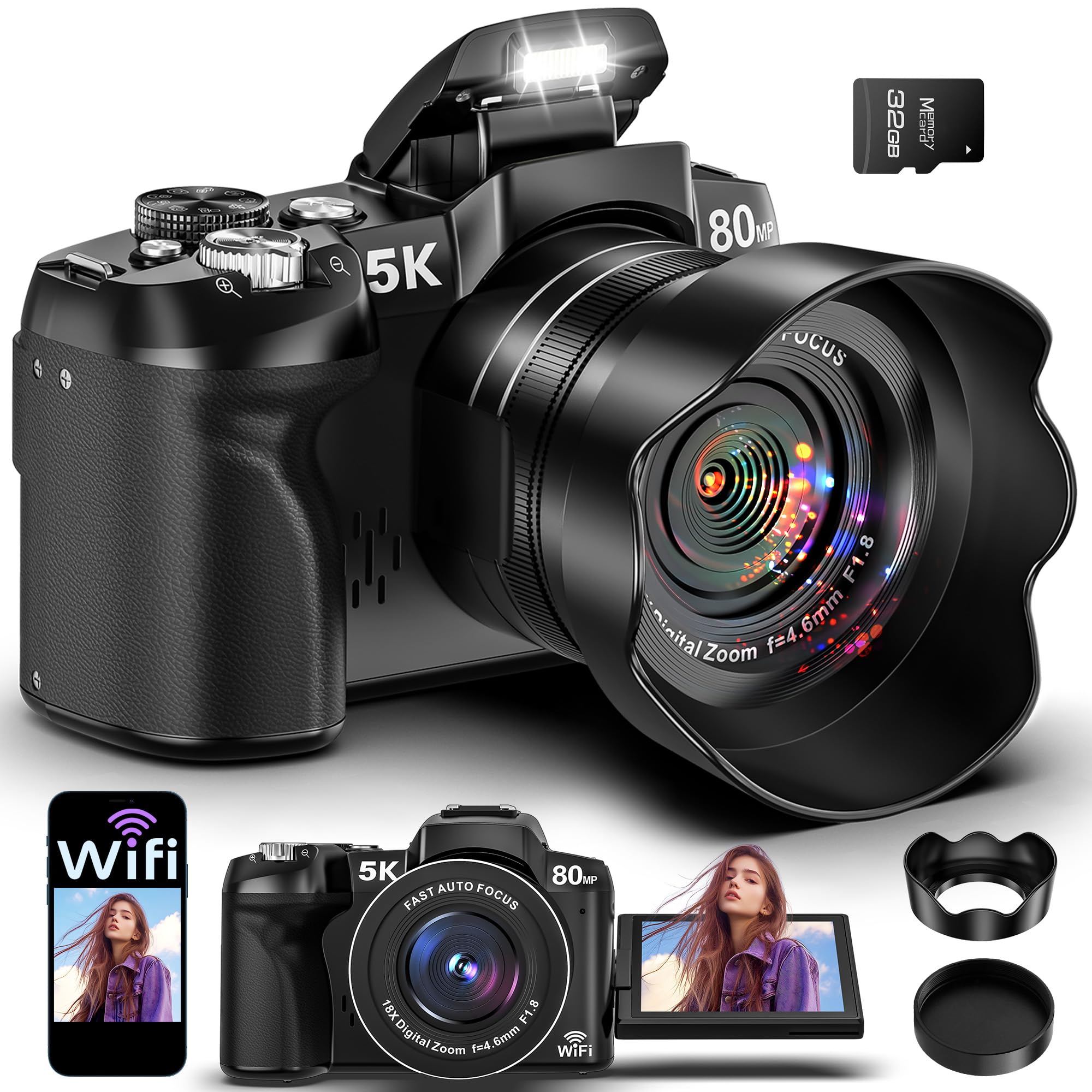 5K Digital Camera - 80MP WiFi Cameras for Photography - UHD Fast Autofocus Vlogging Camera for YouTube with 3" 270° Flip Screen - Travel Video Camara