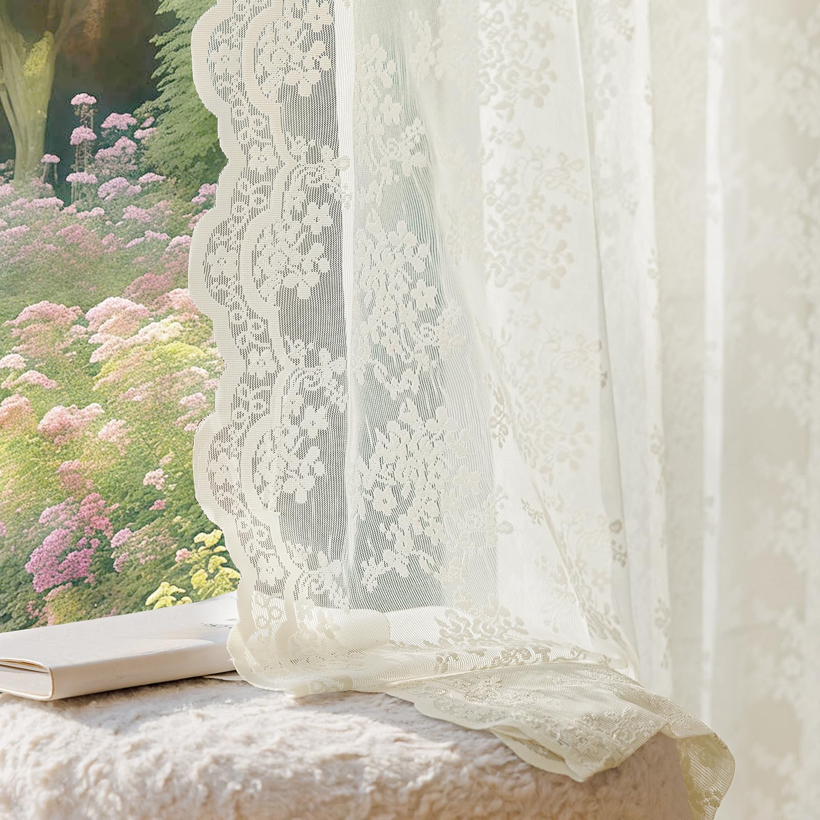 Anmao Vintage Lace Curtains 96 Inches Long 2 Panels Set, Romantic Elegant Light Filtering Semi Sheer Floral Thick Lacy Curtain Drapes for Living Room