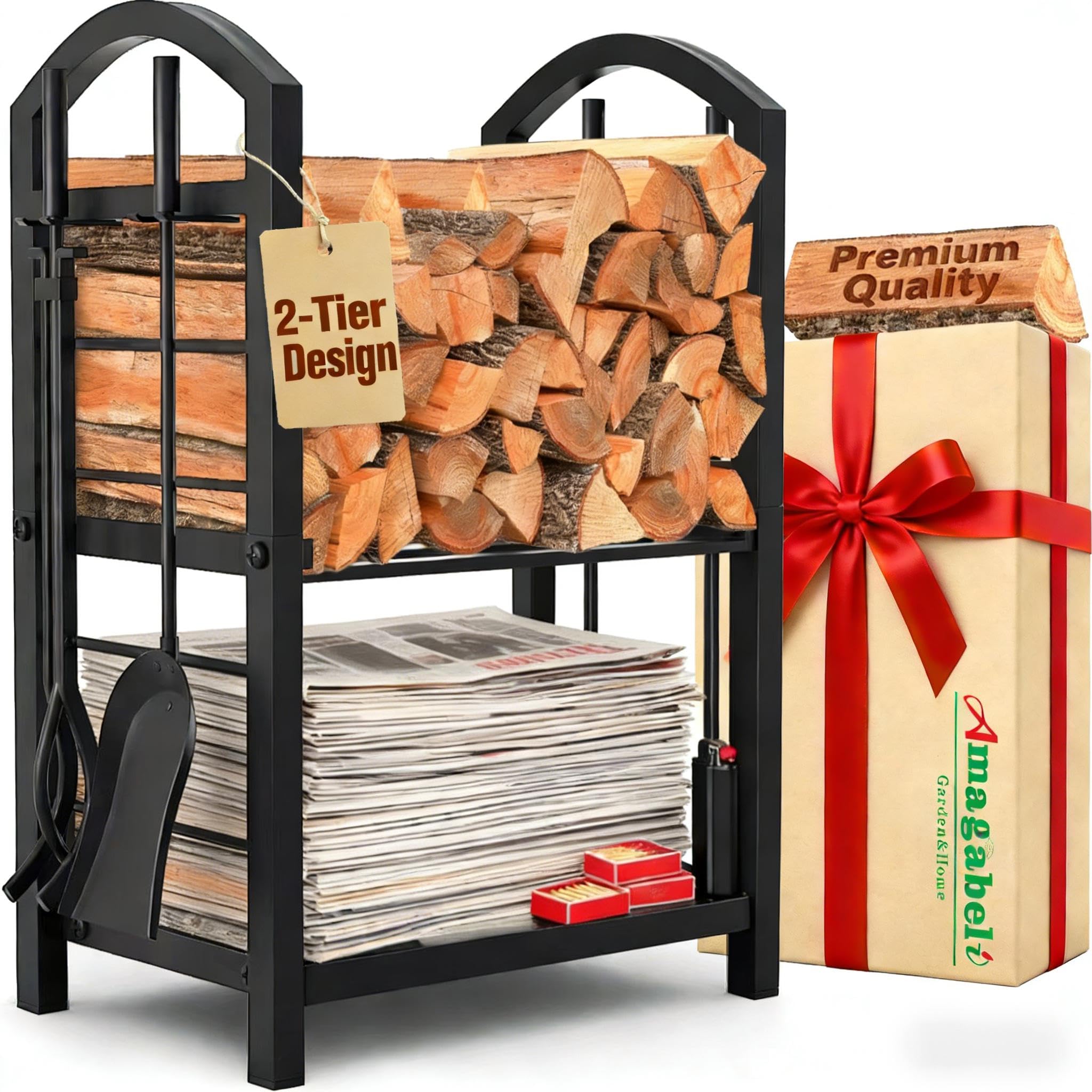 AMAGABELI GARDEN & HOME Firewood Rack Indoor with Tools 5-Piece Fireplace Tools Set Wood Holder Outdoor Wrought Iron Log Holder Firewood Storage Rack for Fireplace,Fire Pit,Wood Stove Black