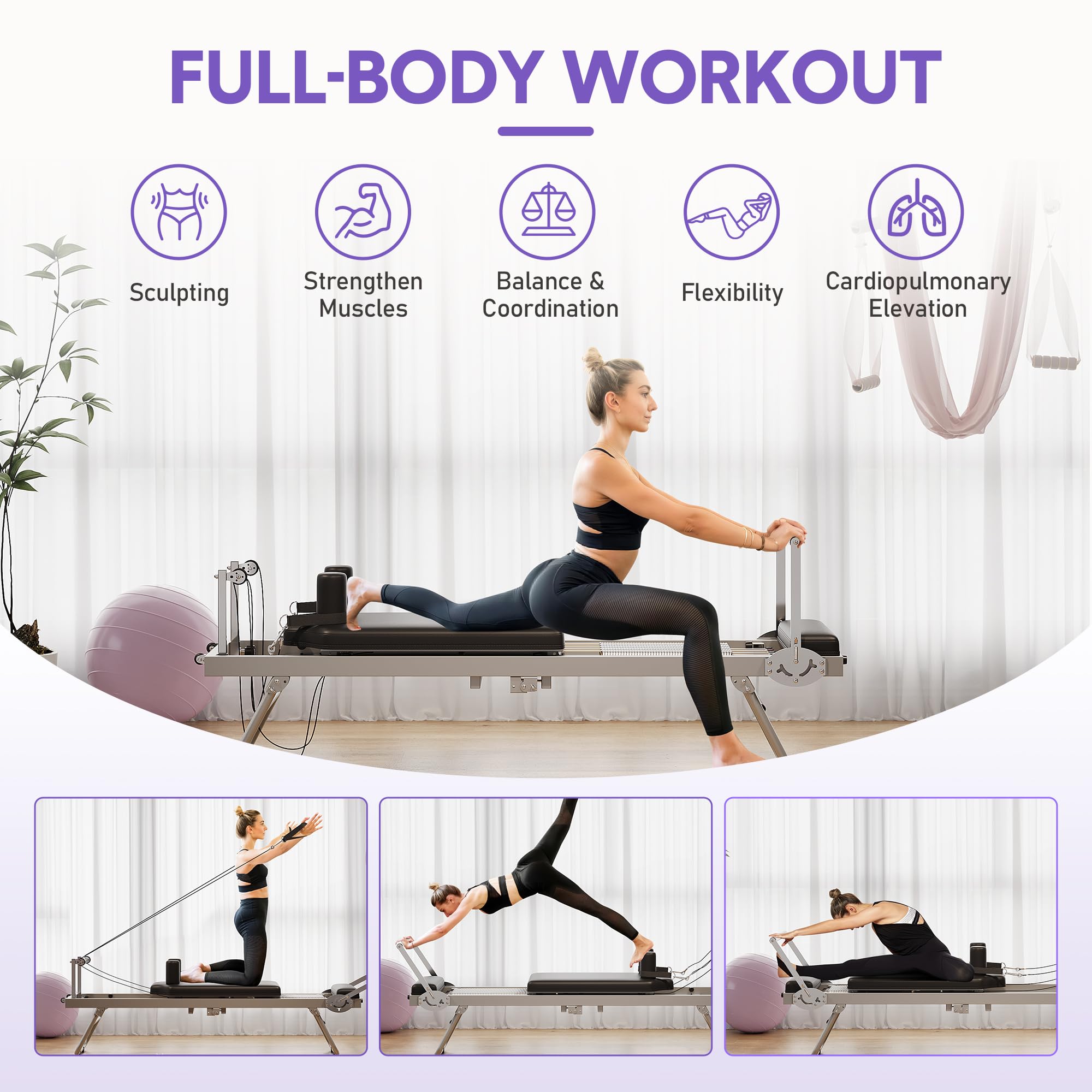 Foldable Pilates Reformer, Space-Saving Pilates Machine for Home Workout, 5 Springs Full-Body Workout, Portable Pilates Equipment for Beginners and Intermediate Users