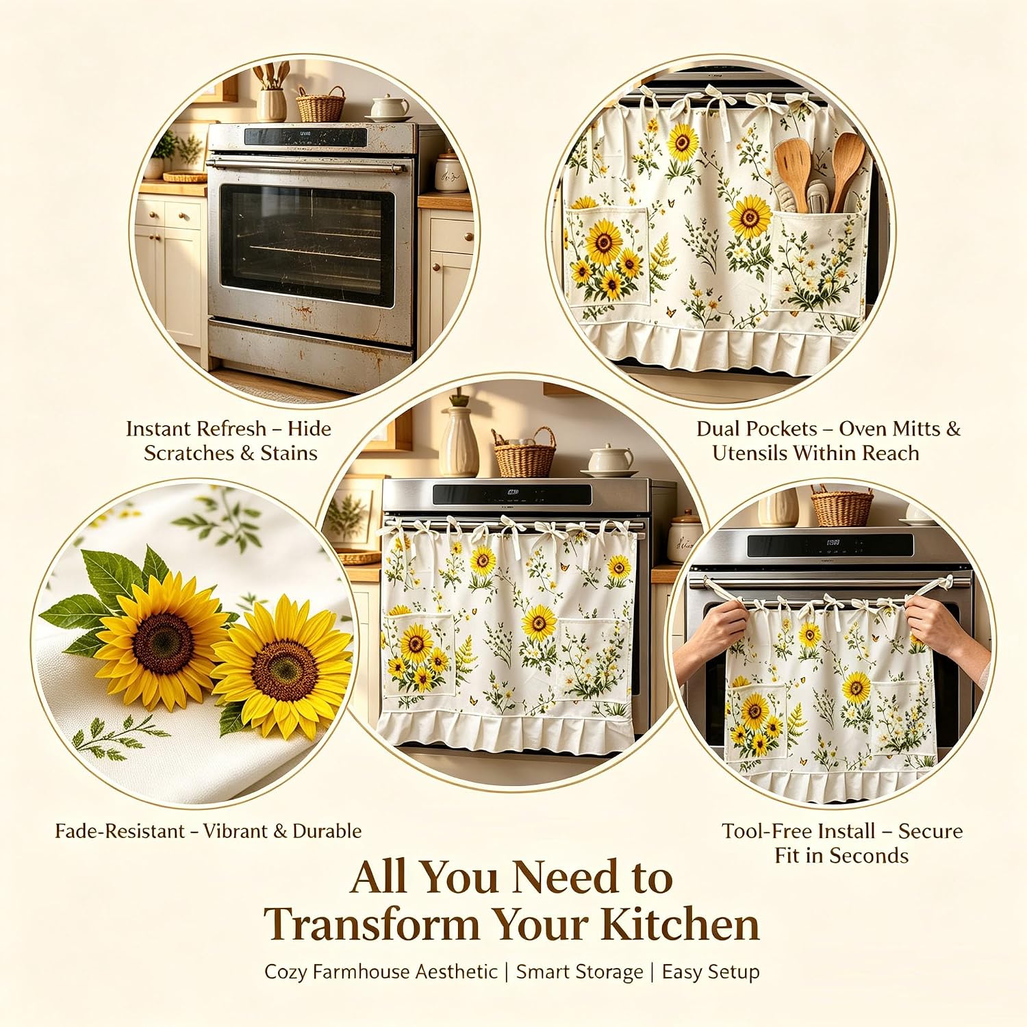 Oven Curtain Tie Top Farmhouse Kitchen Decor for Dishwasher and Stove - Rustic Sunflower Pattern Fabric Oven Skirt with 2 Storage Pockets