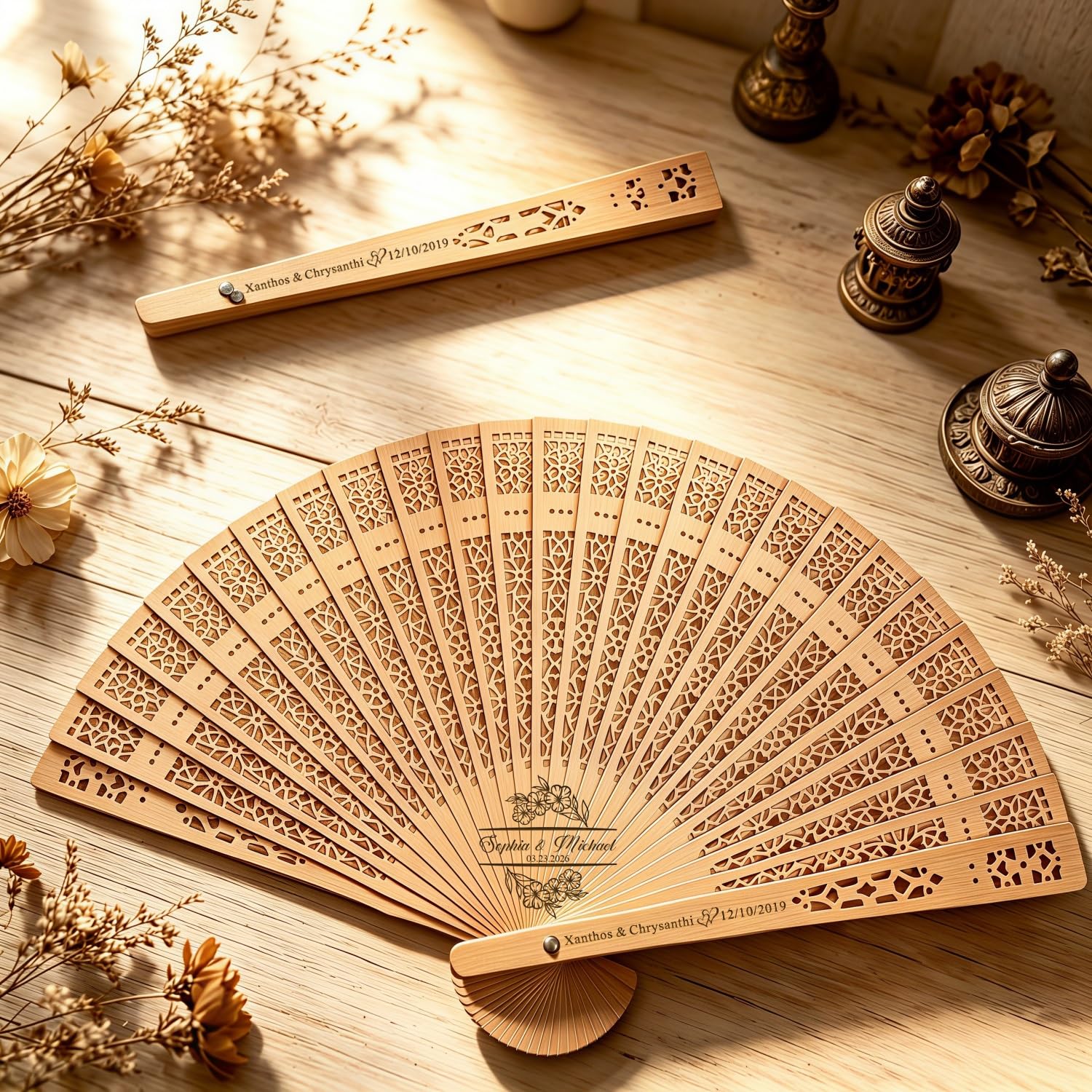 Personalized Wood Hand Fan, Custom Engraved Hollow Folding Fans for Wedding Guests, Party Favors Decoration for Baptism, Birthday, Bridal Shower, Anniversary(A,80PCS)