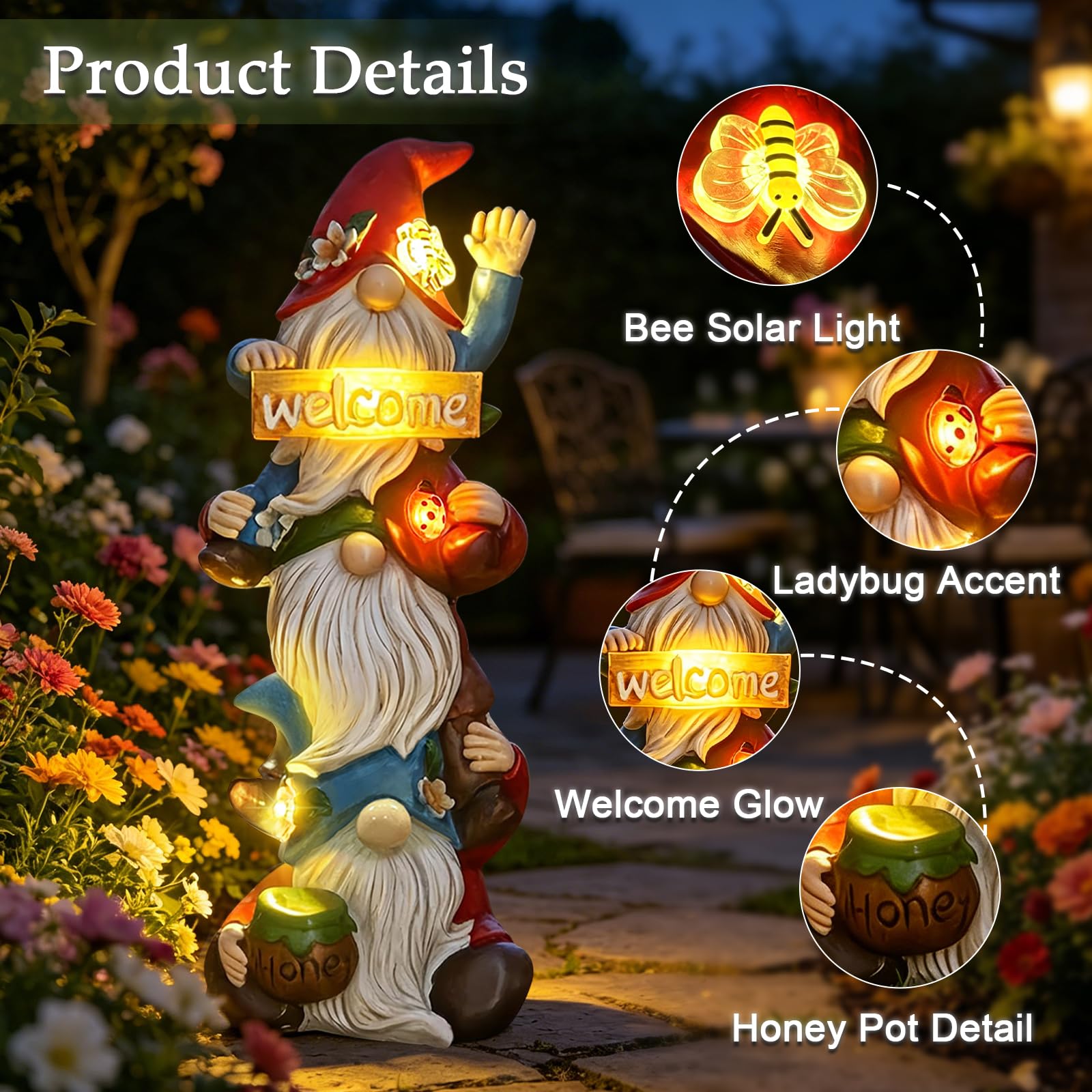 Estatua de gnomo de jardín, luces solares, divertidas esculturas de gnomos triples sin rostro, decoraciones de primavera, porche al aire libre, patio, césped, patio, balcón, decoración del hogar