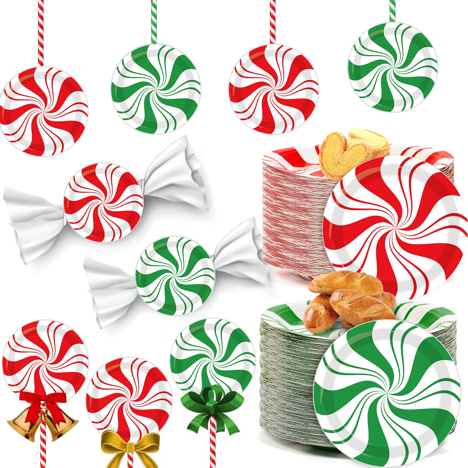 80Pcs Christmas Peppermint Paper Plates Christmas Disposable Dessert Plates 7inch Candy Mint Happy New Year Holiday Xmas Party Supplies Red and Green