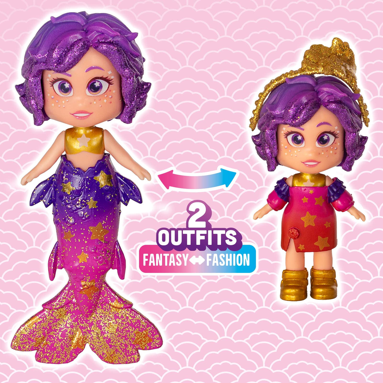 KOOKYLOOS - 1 lalka z 3 różnymi, unikalnymi minkami! Syrenka STAR Mermaid z 1 muszlą-torebką, 1 syrenim ogonem, 1 zwierzątkiem, ubraniami i akcesoriami.