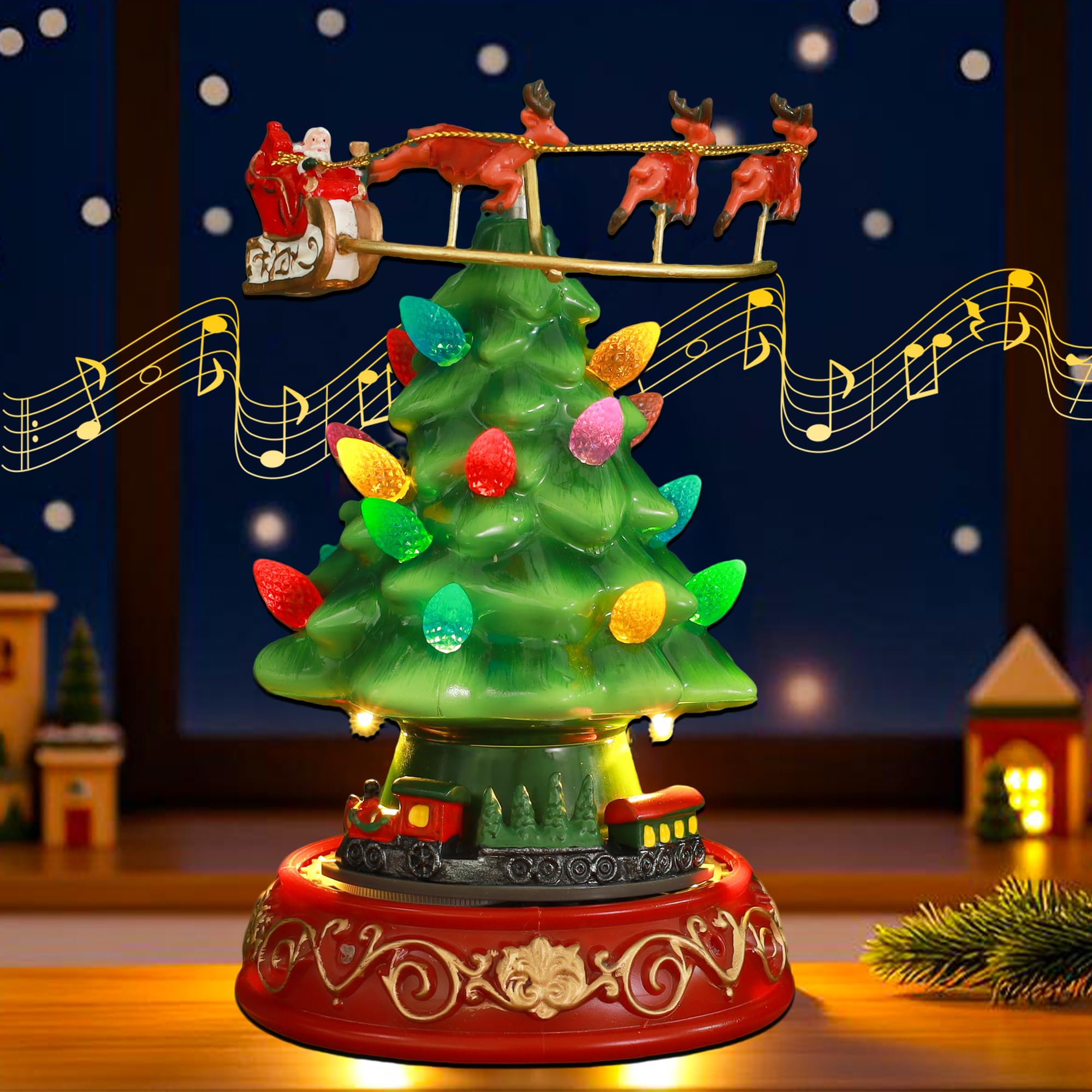 Figurines musicales pré-éclairées de Noël avec train rotatif autonome