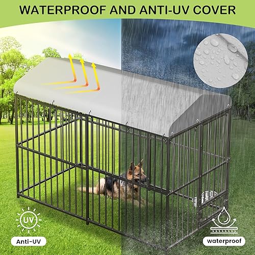 Miniatura 9 de Perrera para perros grandes, 8 x 4 x 6 pies, valla resistente para perros con cerradura, recintos para perros con cubierta de techo impermeable